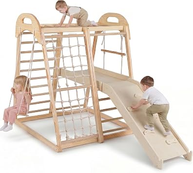 OLAKIDS Indoor Jungle Gym, 8 in 1 Wooden Montessori Toddler Climbing Toys with Adjustable Ramp Swing Slide, Monkey Bar Rope Ladder Waiting Area Natural