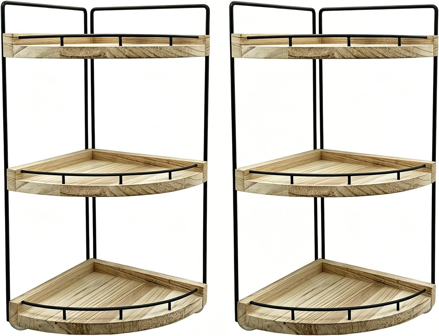 3-Tier Corner Bathroom Countertop Organizer 2-Piece Set, Wood and Metal Vanity Storage Shelves for Skincare, Makeup and Toiletries, Black Frame