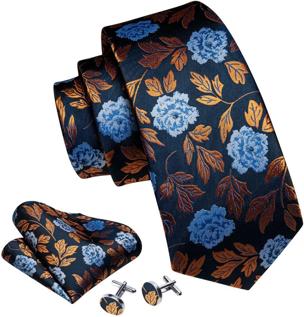 Floral Silk Ties For Men Woven Jacquad Neck-Tie Cufflinks Pocket Square Set Party Wedding Business