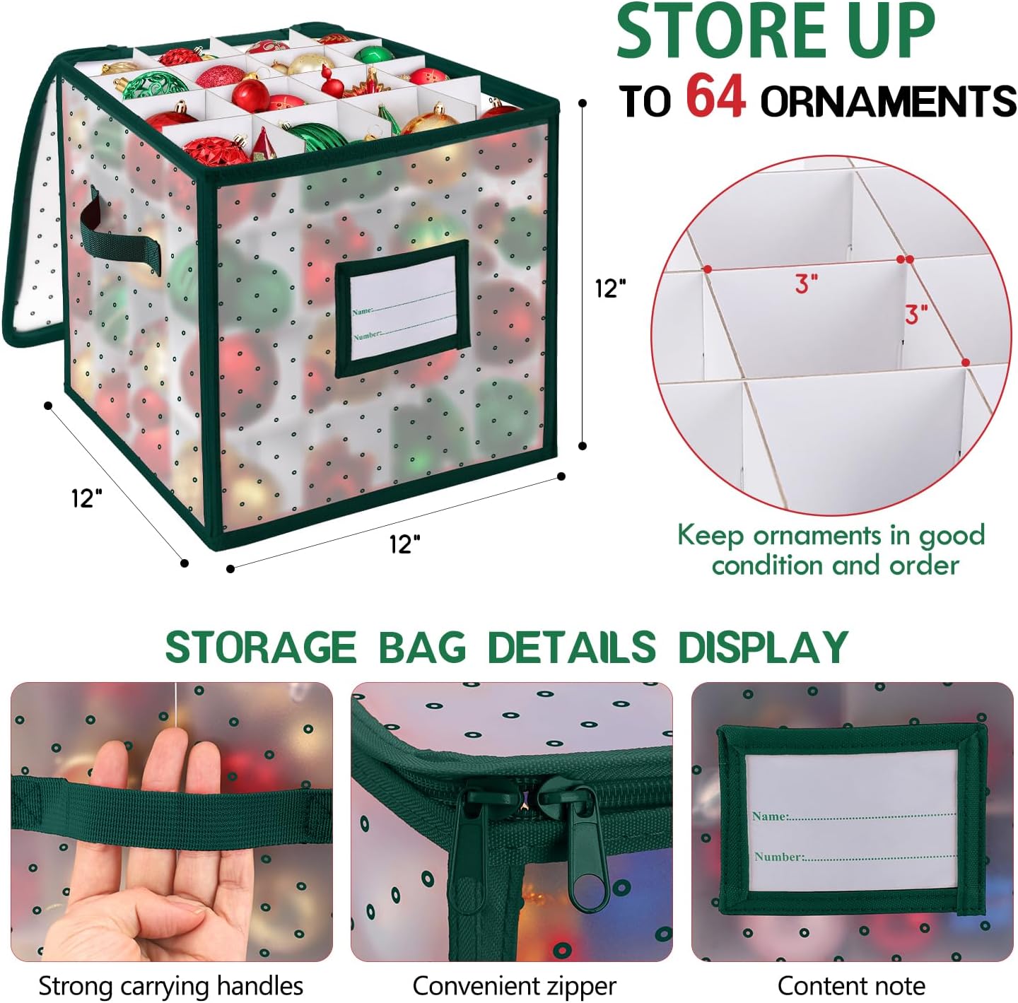 BINSUNS Christmas Ornament Storage Box, Christmas Storage Containers Organizer Bag with Dividers - Fits up to 64 Holiday Xmas Ornaments Decorations 3" Seasons Balls(Green) - Image 2