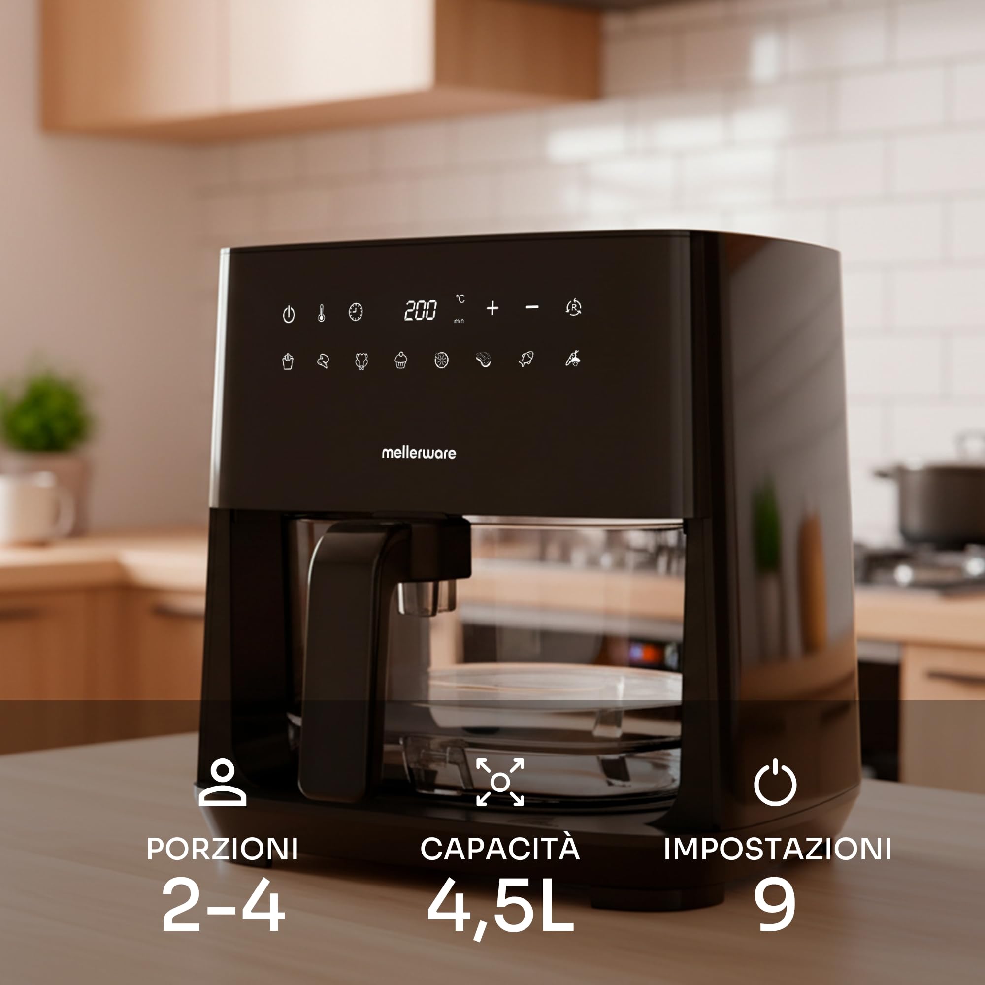 MELLERWARE - Friggitrice ad aria 1450 W | Cestello vetro 4,5 L | 9 programmi + preriscaldamento | Schermo tattile | Temp 80-200 °C | Timer 60 min | Lavabile in lavastoviglie