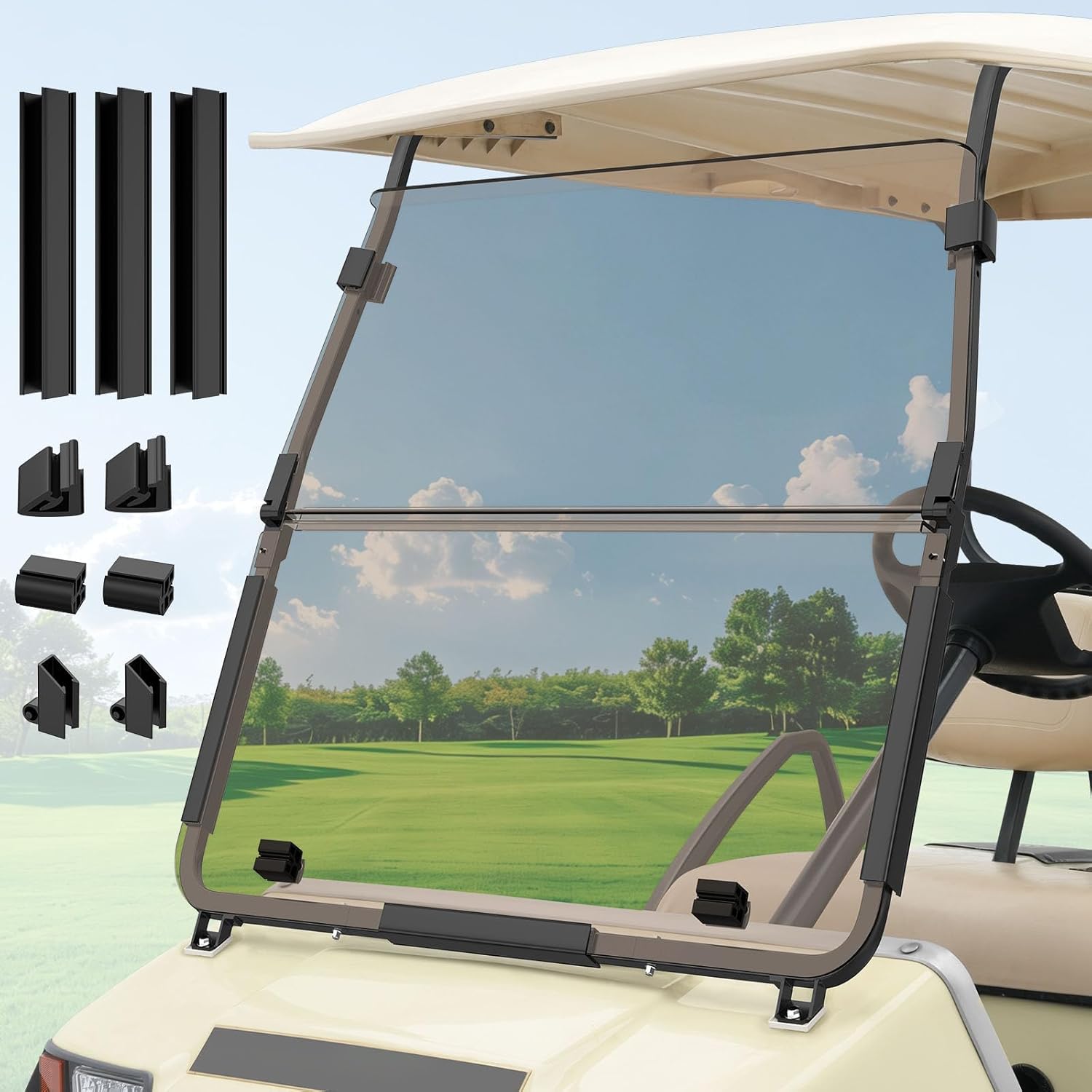 Panglong Golf Cart DS Tinted Windshield for 2000.05 Newer Club Car DS, DS Windshield Foldable, Anti-UV and Impact Resistant, with Windshield Clip Kit