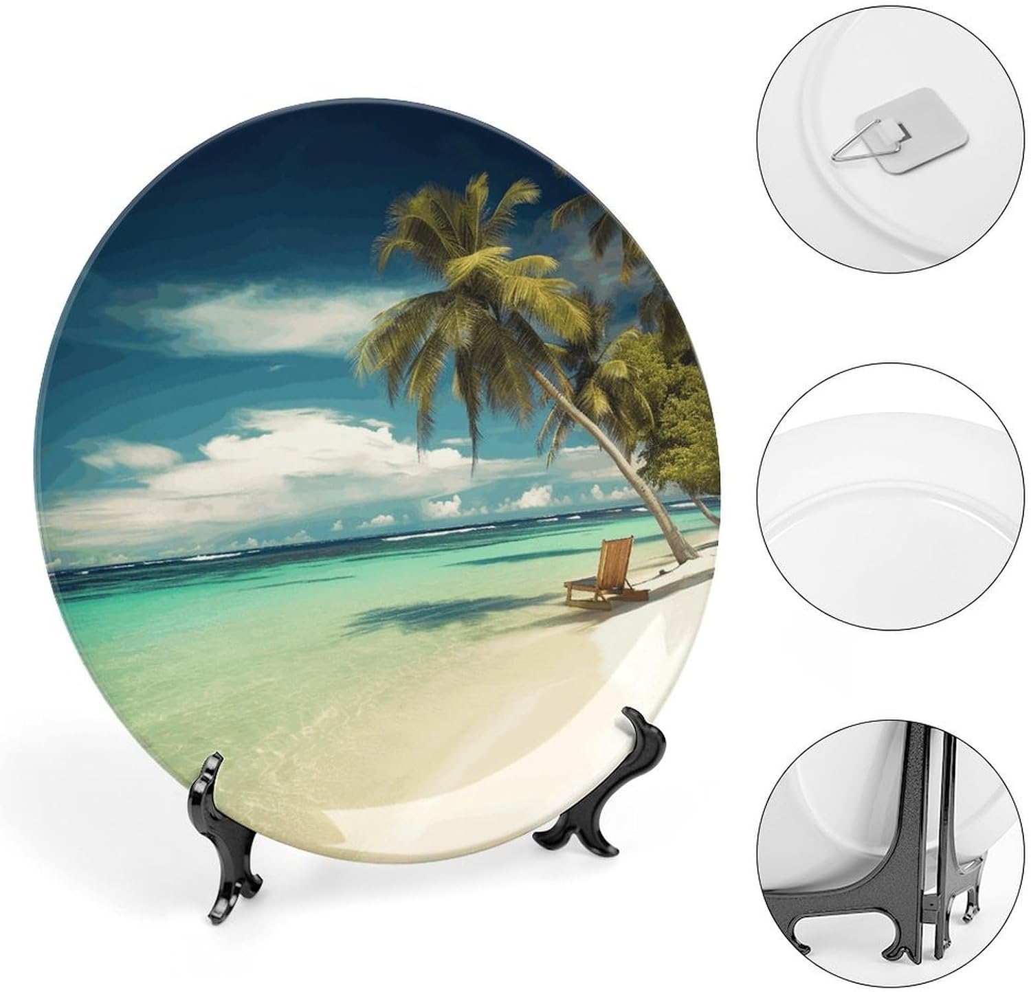Tropical Holidays Bone China Decorative Plate with Display Stand, Ceramic Ornaments Plate for Wall Hanging, Personalized Porcelain Plates for Office, Living Room 8inch