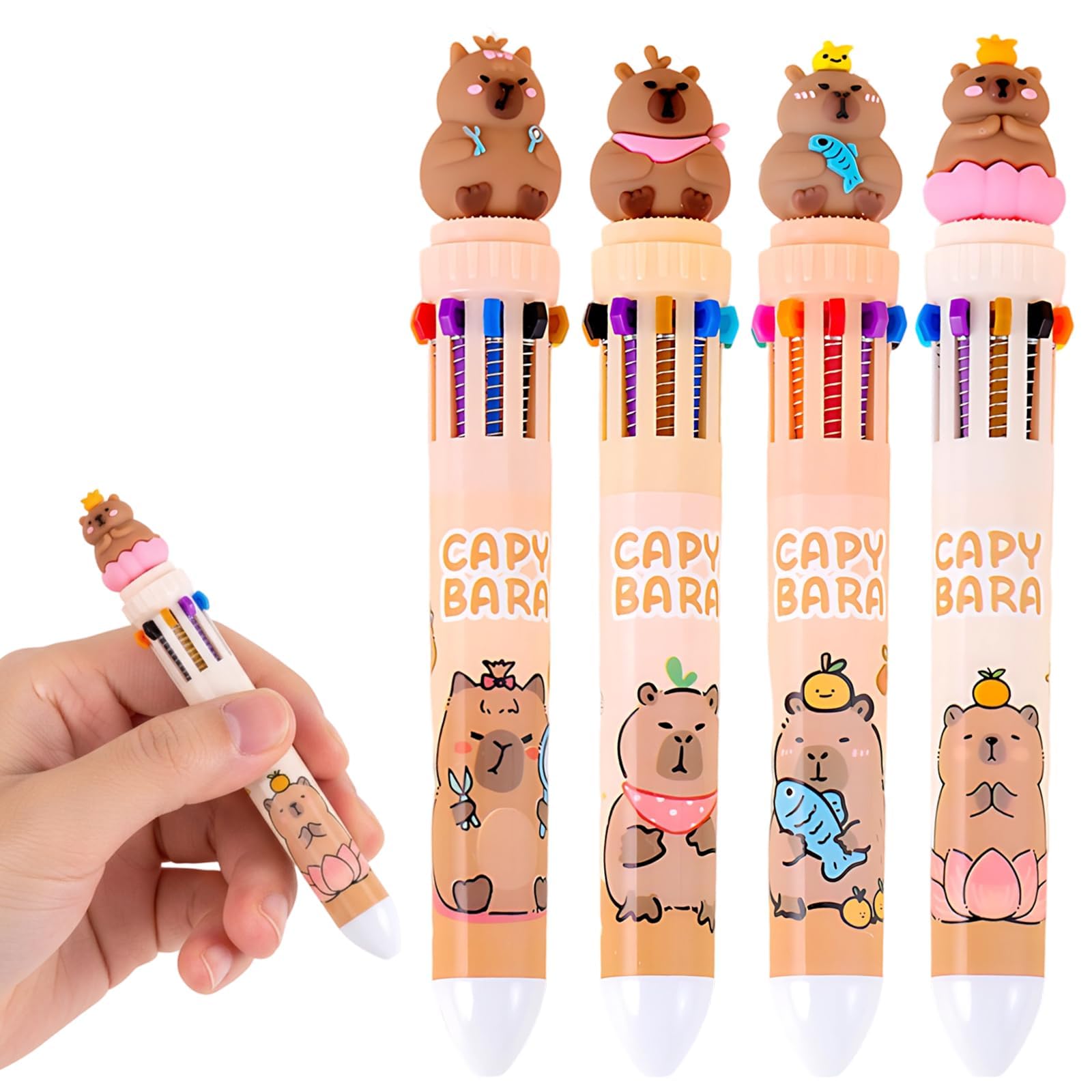 Wvbzf 4Pcs Capybara Pens, 0.5 mm 10-in-1 Colored Multicolor Ballpoint Pen, Multicoloured Pen, Retractable Cute Cartoon Capybara Ballpoint Pens for Office School Supplies Students Gifts