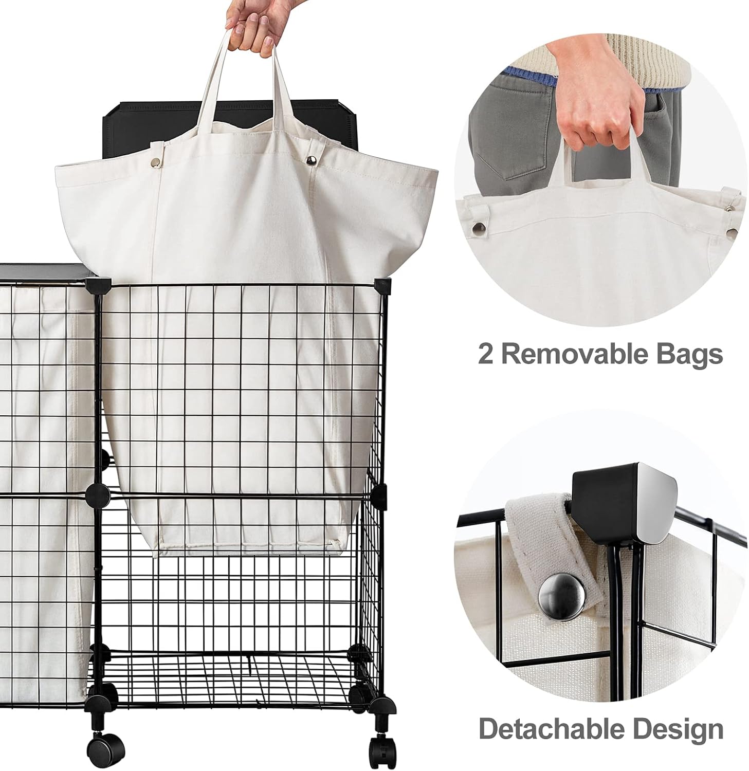 WOWLIVE Double Laundry Hamper with Lid, Foldable Laundry Basket with Wheels and Removable bags,Iron Wire Collapsible Dirty Clothes Hamper Organizer Dorm Room Storage for Bedroom, Bathroom (Black)