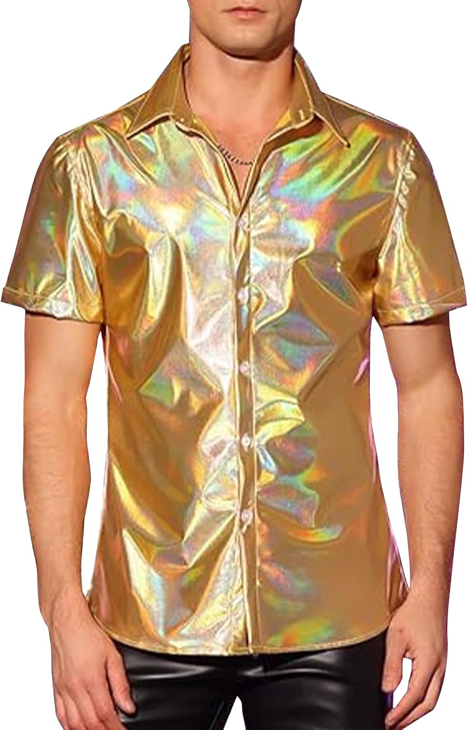 Mens Metallic Button Down Shirt 70s Disco Short Sleeve Turndown T-Shirts Sparkly Tops Rave Outfits