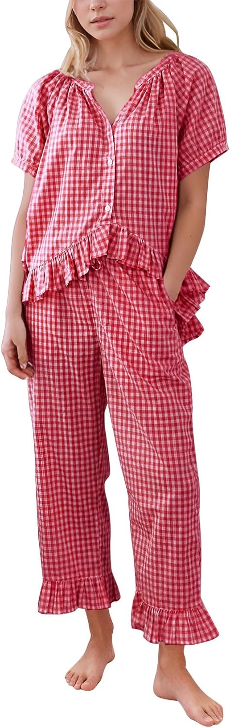 PEHMEA Womens Plaid 2 Piece Cotton Gingham Pajama Sets Short Sleeve Babydoll Shirt Ruffle Pants Y2K Lounge PJS Cute Sleepwear