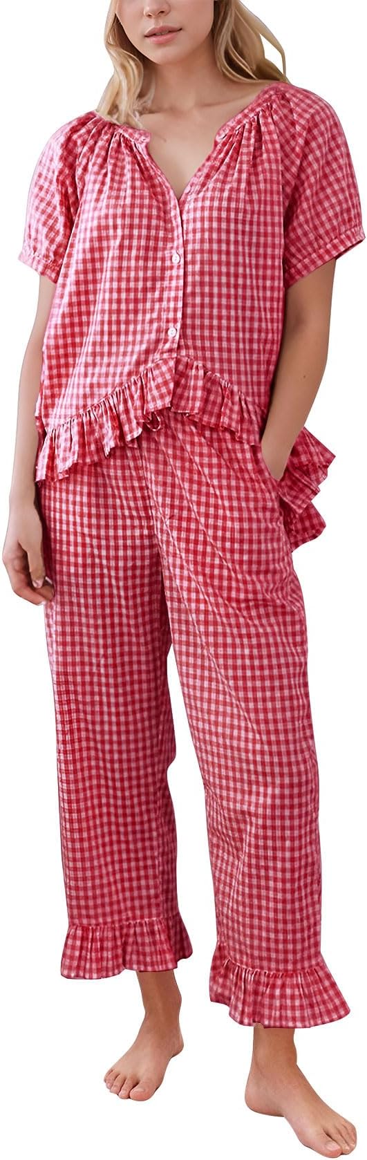 PHEMEA Women's 2 Piece Gingham Pajama Set, Plaid Short Sleeve Babydoll Shirt Ruffle Pants Lounge Pjs Sleepwear