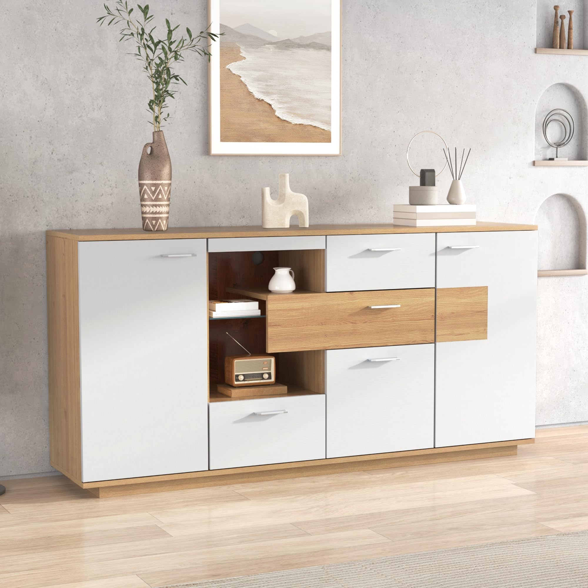 LAKFEW Aparadores para Salon con LED y Estante de Cristal, Aparador Salon con 4 Cajones y 2 Puertas, Aparador Entrada, Muebles de Salon Mueble Auxiliar Salón, 160x40x77 cm, Color Madera+Blanco