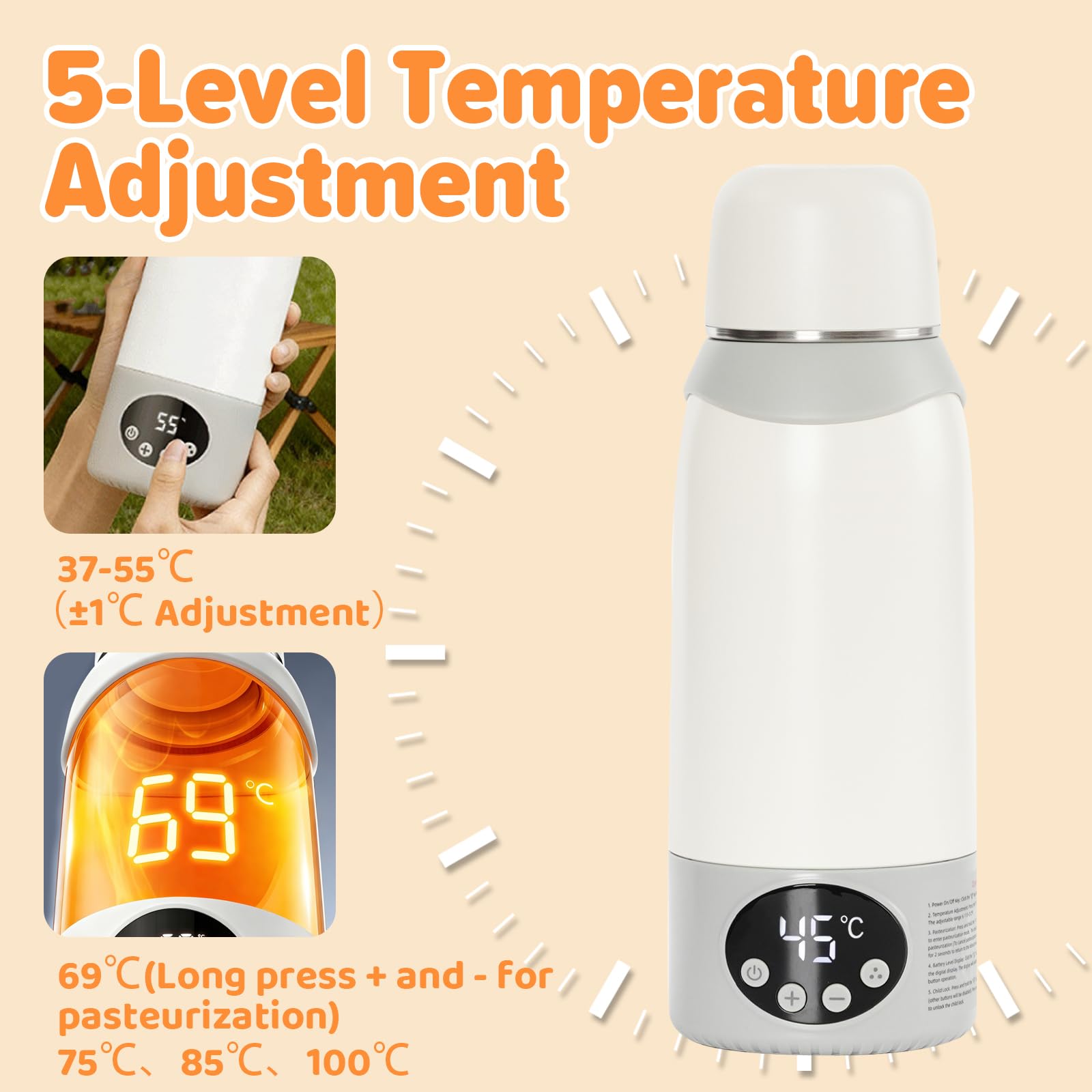 Brocca termica portatile per neonati – 45 °C con termostato preciso, in acciaio inox 316, portatile per esterni/viaggi, riscaldamento rapido per alimenti per bambini
