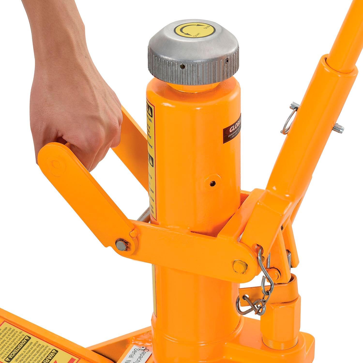 Global Industrial Hydraulic Forklift Jack with Removable Handle, 8800 Lb. Capacity, Steel Construction, 2-1/2"H to 16" H Lift Height, 45 Pump Strokes, Orange