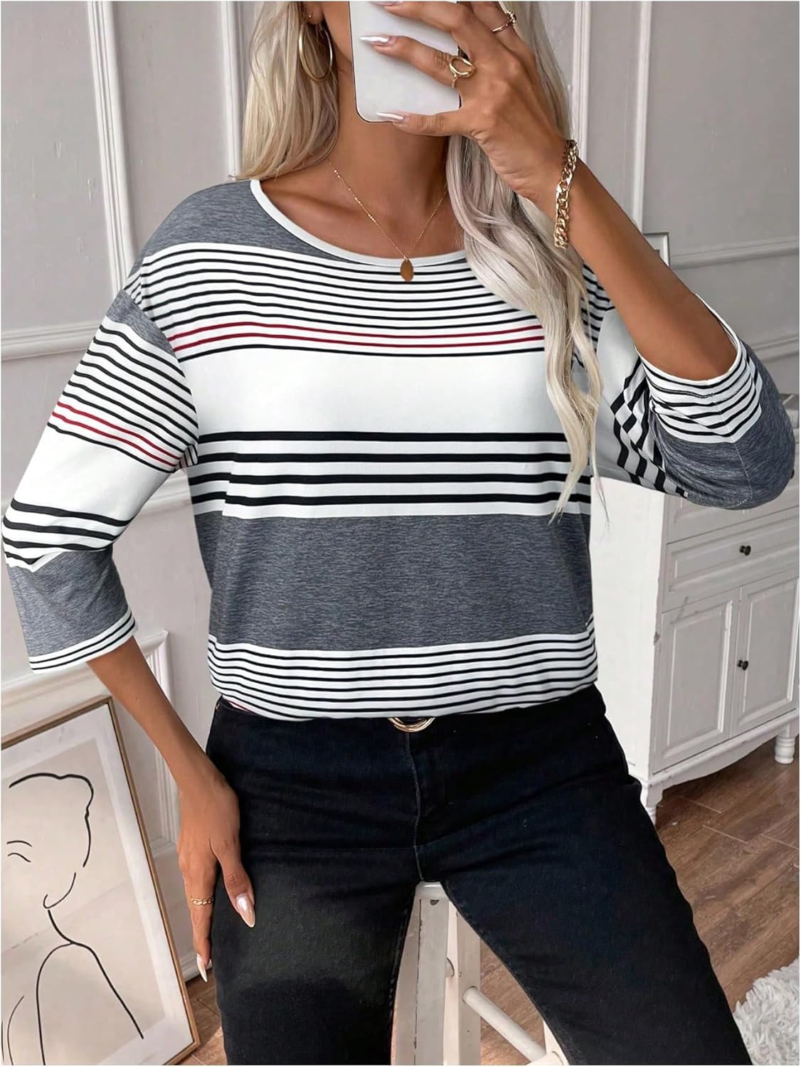 SweatyRocks Women's Striped 3/4 Sleeve Drop Shoulder T Shirt Loose Casual Scoop Neck Tee Tops - Image 5