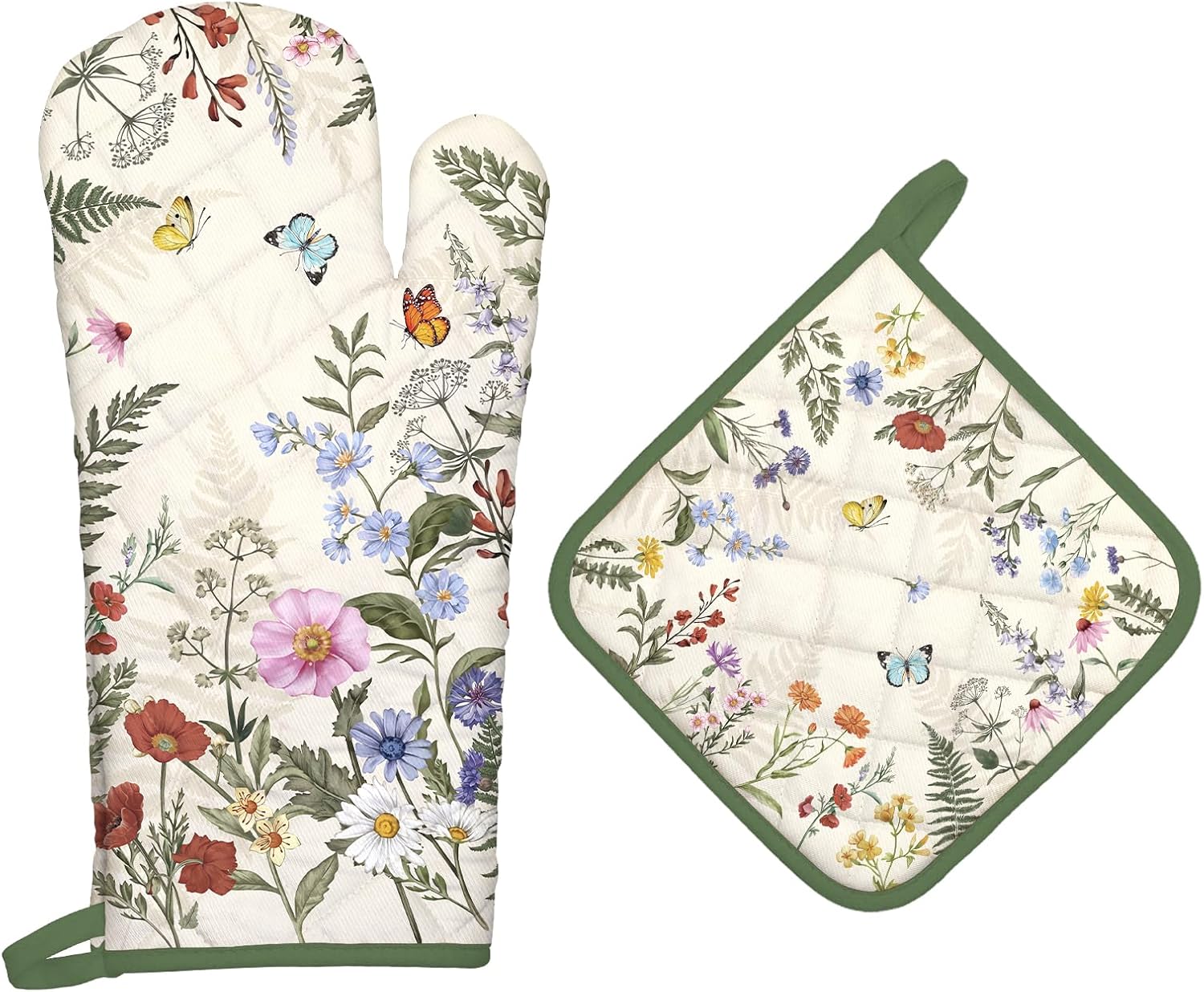 Floral Grass Oven Mitts and Pot Holders Sets 2Pcs, 100% Cotton Heat Resistant, Extra Long Oven Gloves Potholder for Kitchen Cooking Baking Decoration