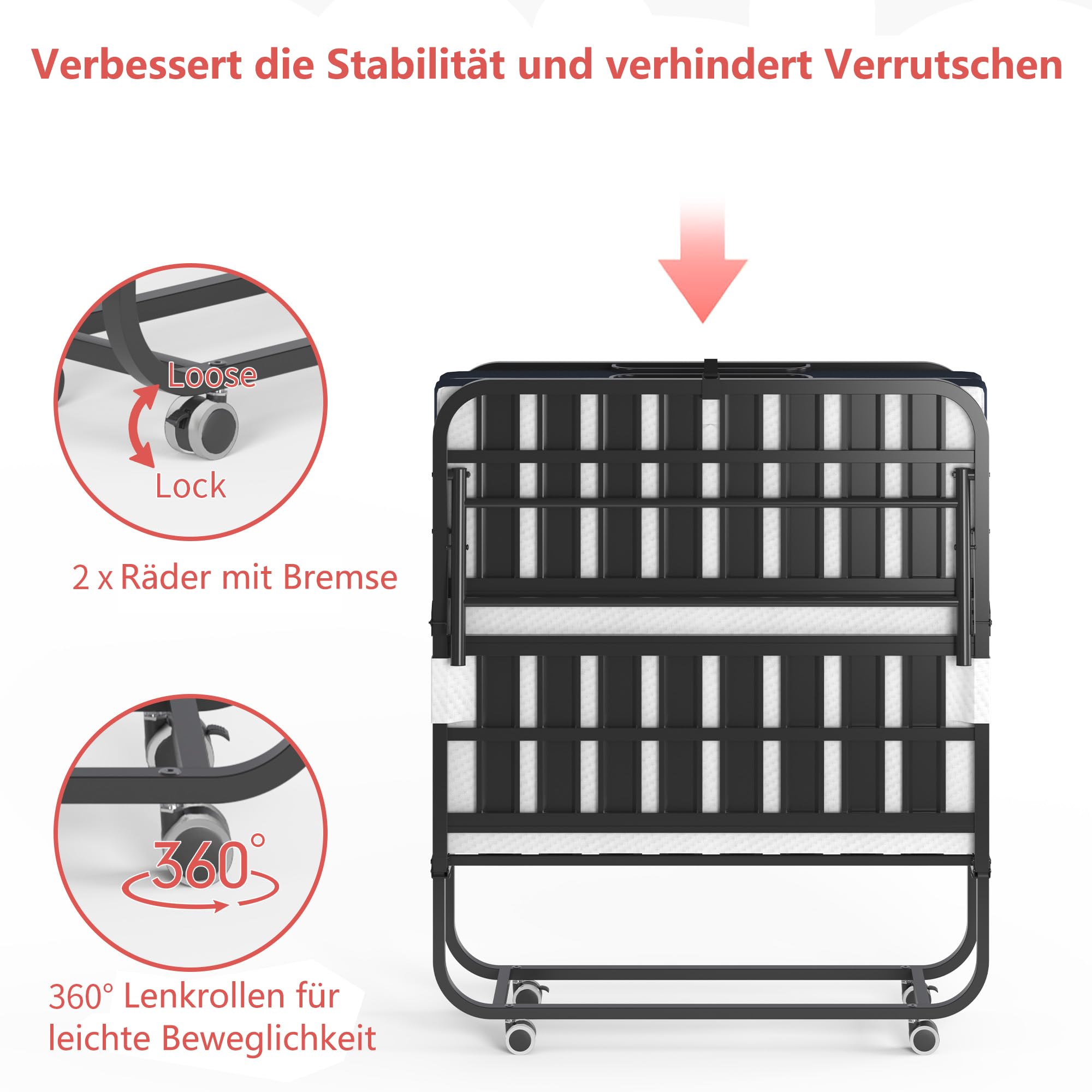 IKIMI 96x190cm Klappbett mit 12cm Dicker Memory-Schaum Matratze und 4 Laufrollen & Cover, Robuster Gästebett Klappbar Reisebett Erwachsene Faltbett Langlebiger Metallbett,Belastbar bis 200kg