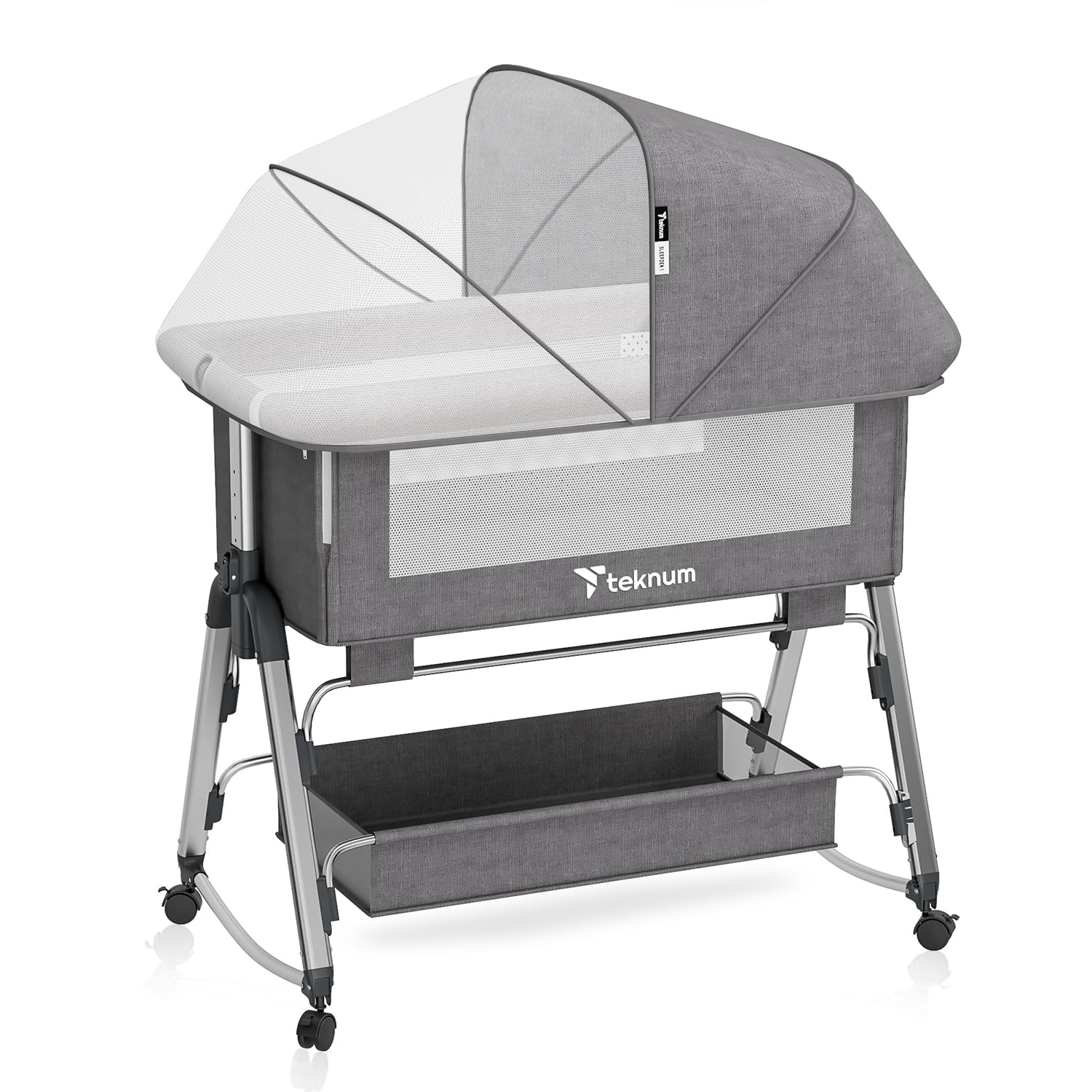 Teknum Bedside Crib SLEEPZEN 1,Sleeper for Newborn Infant,Baby Cot, Breathable Mesh, Built-in Wheels,2 Level Height Adjustments, Unshakable Mode, Rocker,Net, Anti-reflux mode, Mattress, 0-2Years,Grey