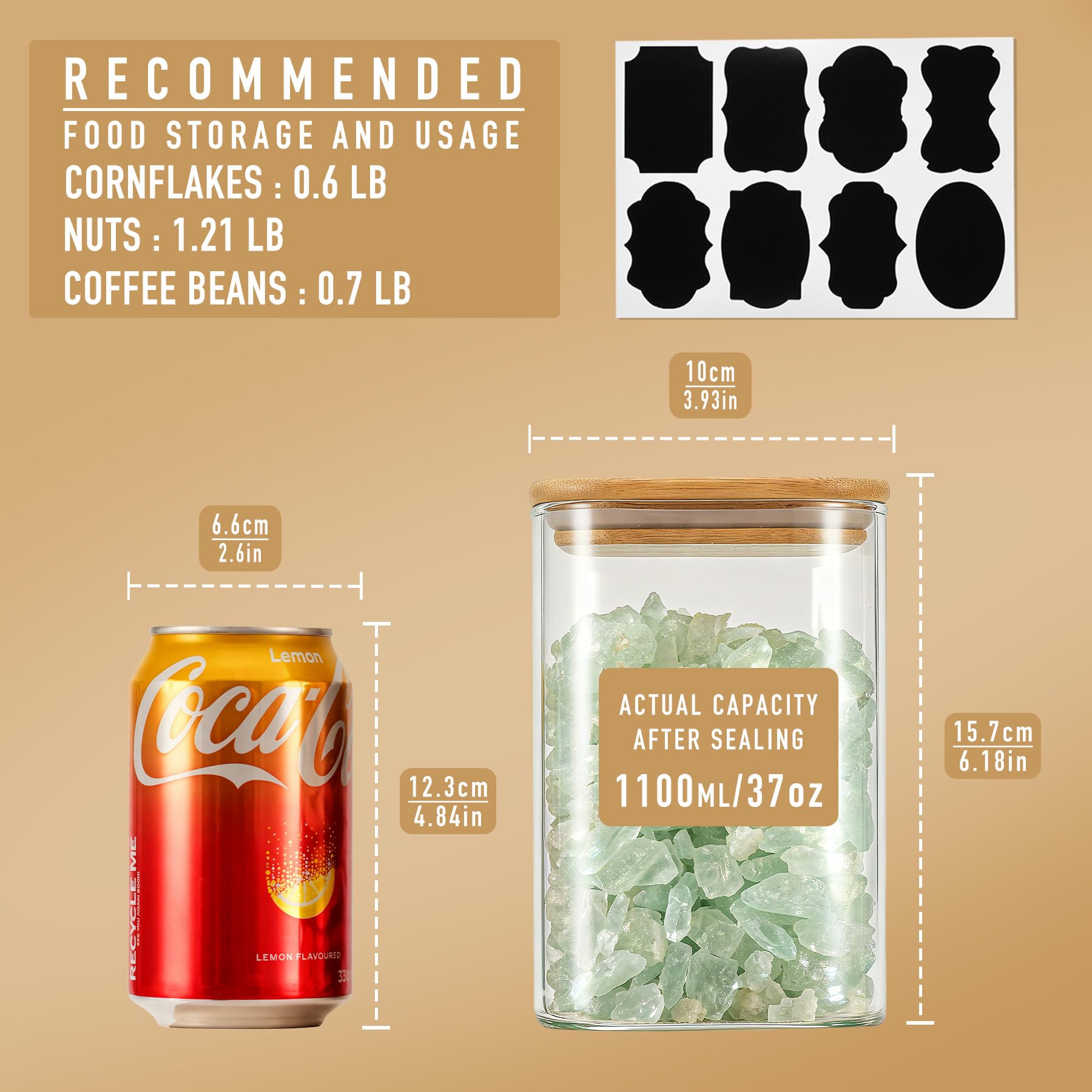 D2scrma Luftdichte quadratische Vorratsdosen aus Glas mit Bambusdeckel, 1200 ml, stapelbare Behälter, Küchengläser für Speisekammer, Nudeln, Mehl und Kaffeebohnen (mit schwarzem Etikett), 1,05 l, 6