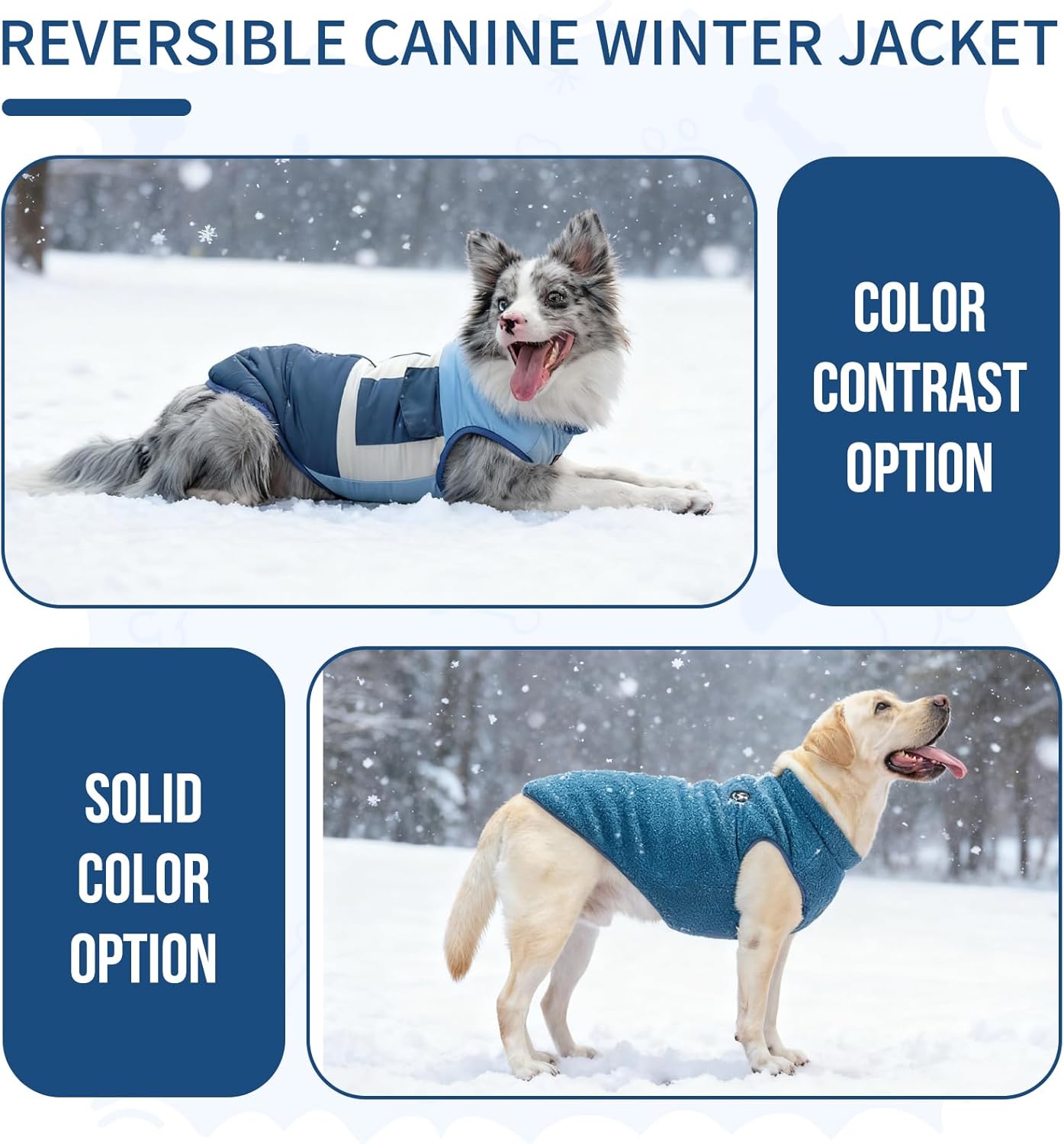 Arblina Reversible Dog Winter Coat, Waterproof Warm Fleece Sweater Windproof Lightweight Pet Snow Jacket for Medium Large Dogs with Double Ended Zipper, Cold Weather Dog Coat,Blue,XXL