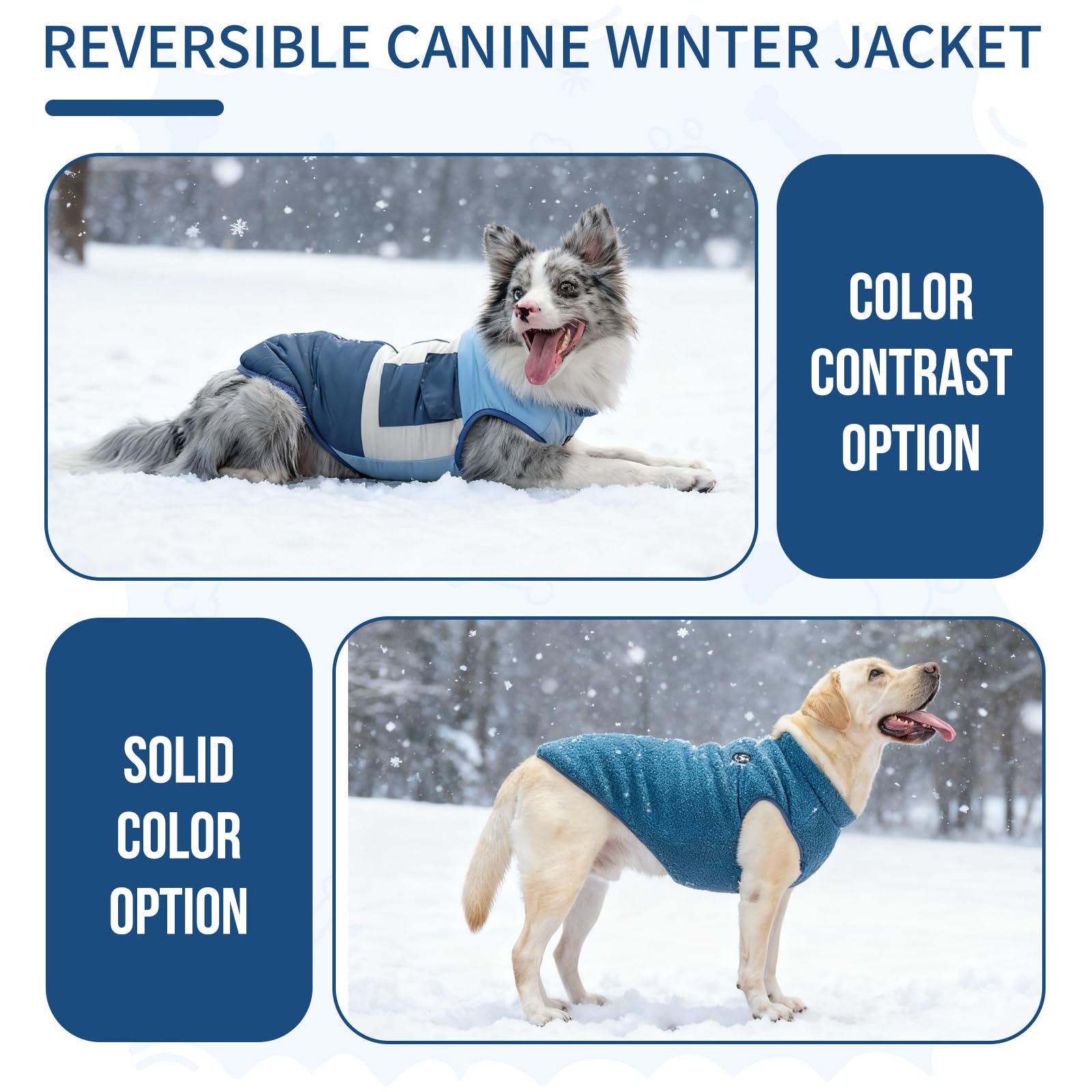 Arblina Abrigo Perros, Chaqueta Perros Reversible e Impermeable, Abrigo para Perros Mediano y Grande con Fleece Cálido, Chaleco Perros con Cremallera de Uso Sencillo, Azul, XXL