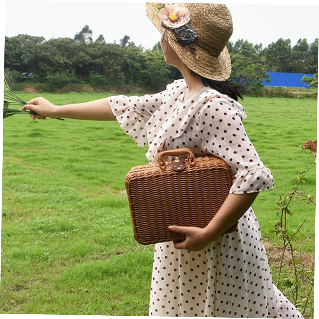 1pc Woven Cosmetics Organizer Case Portable Vintage Makeup Storage Box Handle Imitation Rattan Material for Home Decoration and Travel