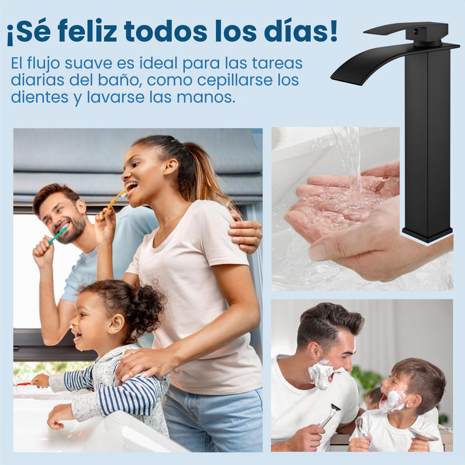 Airuida Grifo de baño de cascada alto de latón negro mate con un solo agujero de montaje en cubierta con boquilla rectangular grande para lavabo