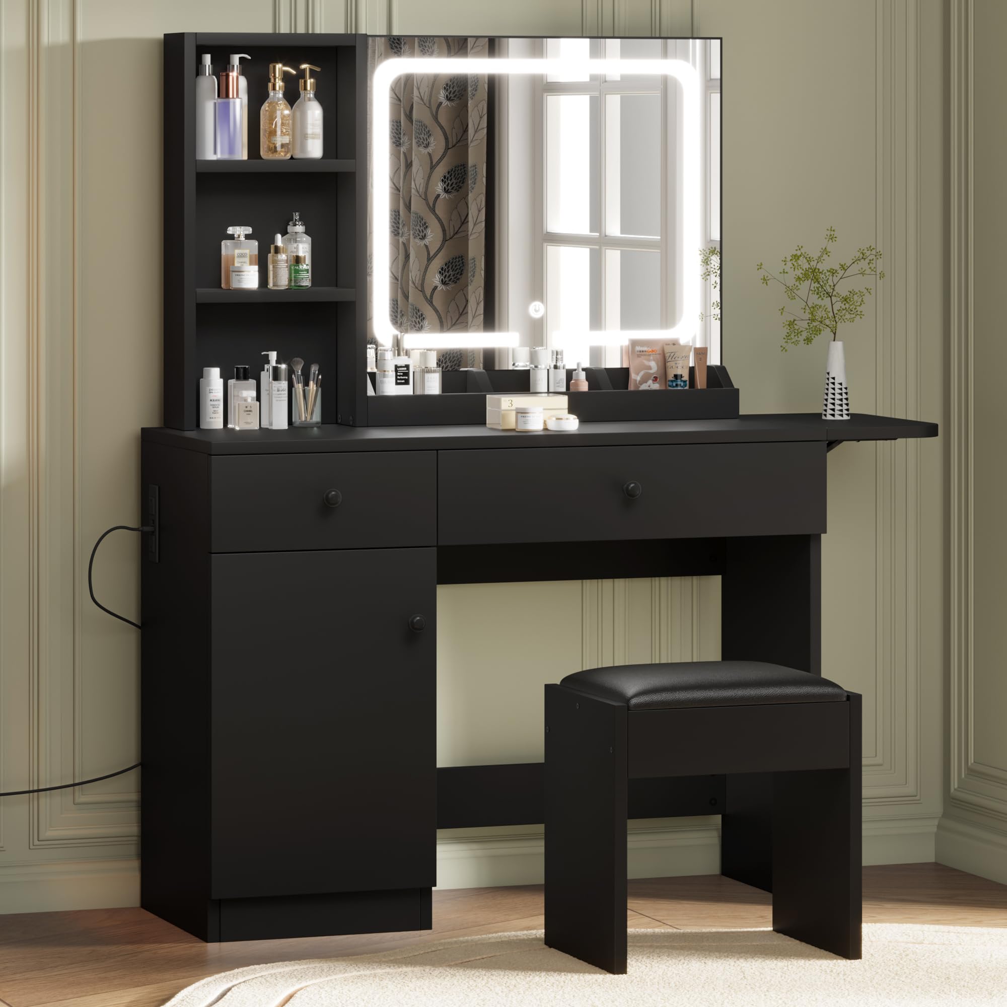 Photo 1 of ***MISSING BOX***Garvee Vanity Desk with Mirror & Light, Makeup Vanity Table with Charging Station, Large Storage Cabinet & 2 Drawers & 3 Open Shelves, 3 Lighting Modes Adjustable Brightness, Bedroom Dressing, Black