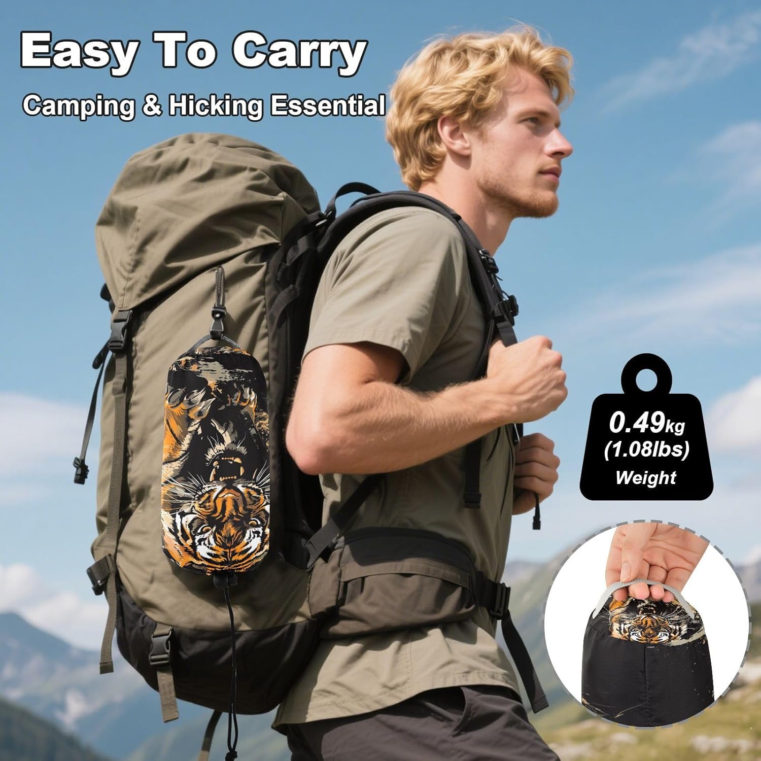 ALAZA Tiger Swooping Howling Camping Hammocks Single or 2 Person 500 lbs Portable Parachute Travel Hammock w/Tree Straps for Hiking Backpacking Indoor Outdoor