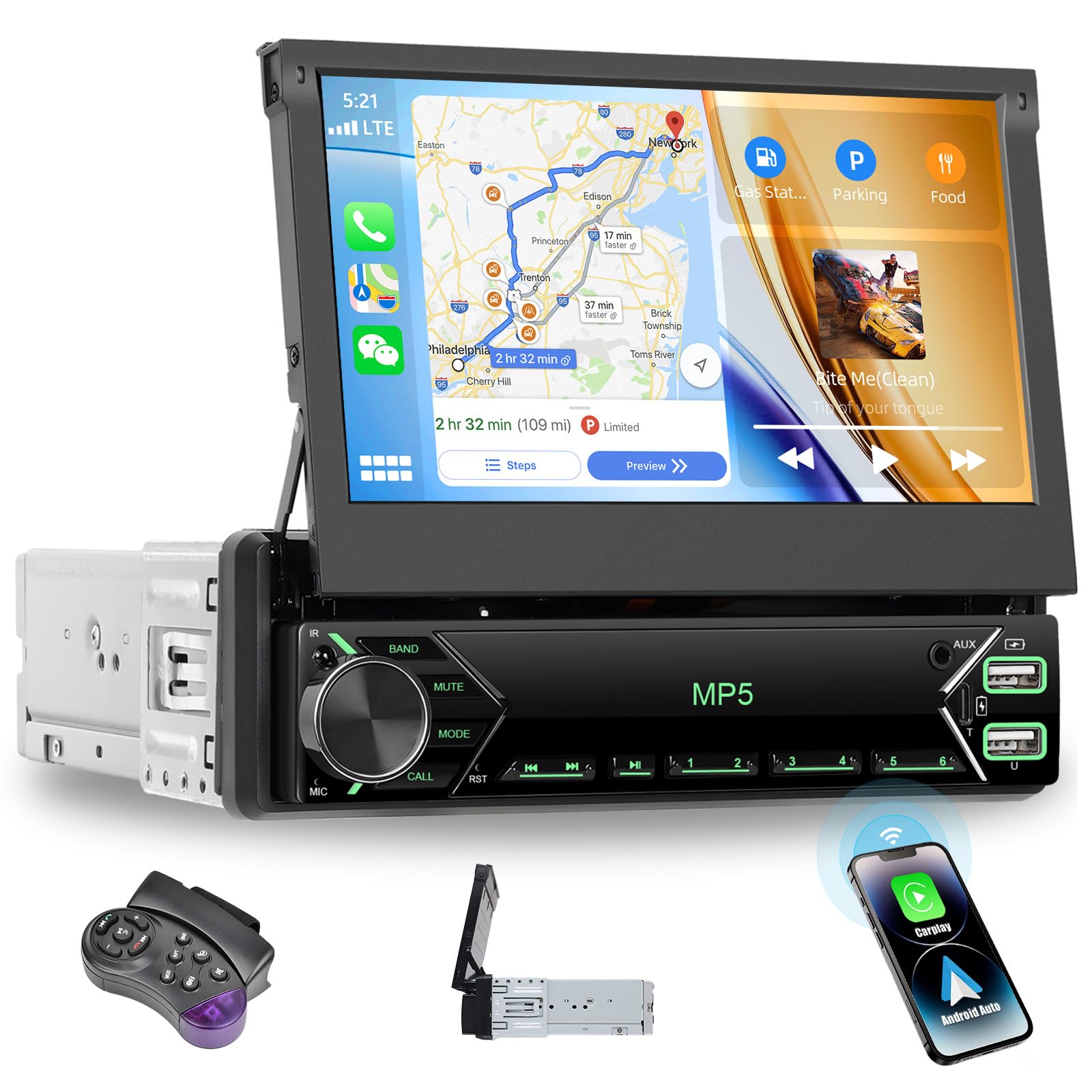 Car radio screen displaying Carplay and Android Auto interfaces with connected smartphones.