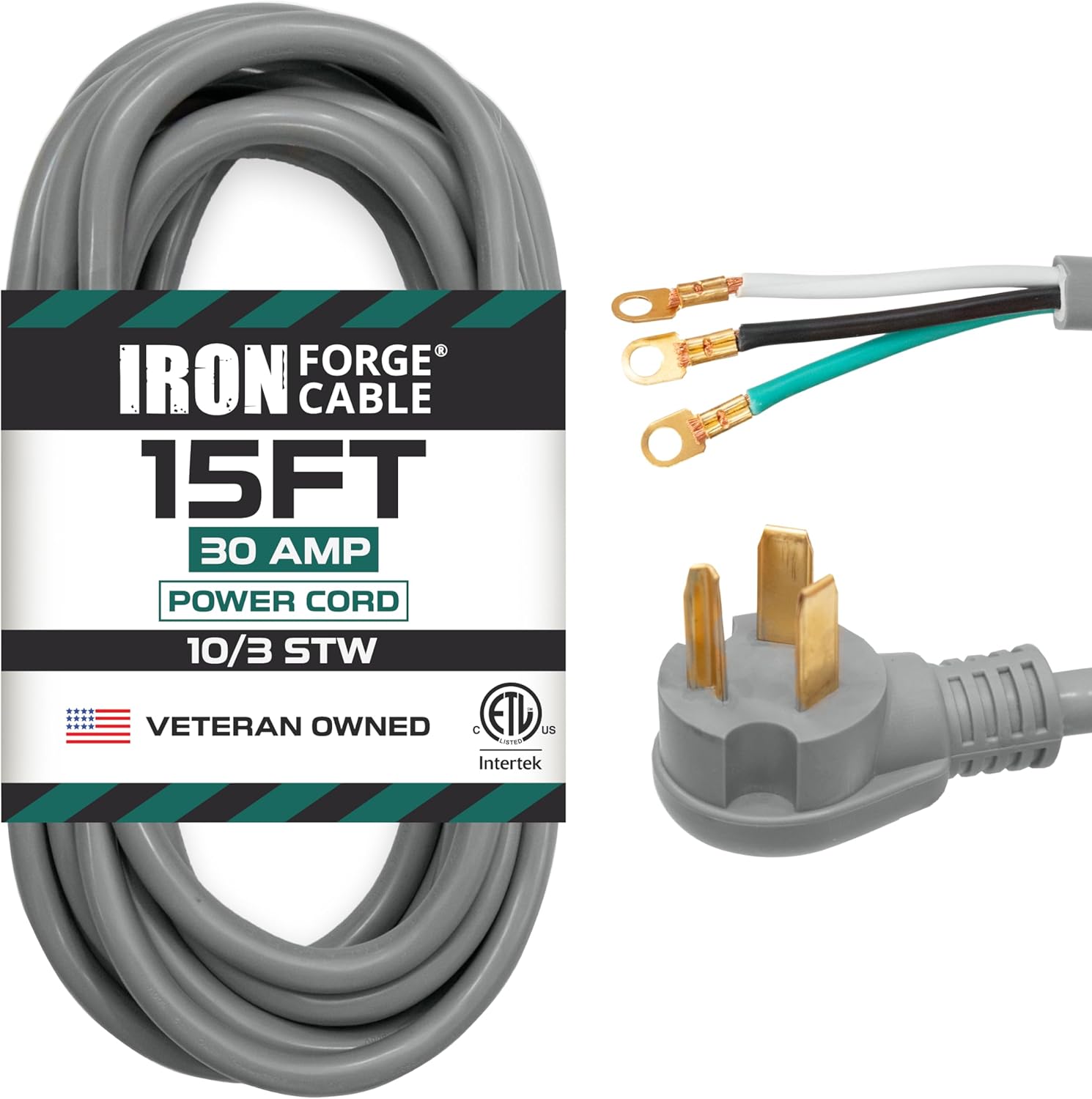Iron Forge Cable 3 Prong Dryer Extension Cord 15 Ft, 125V/250V Cord NEMA 10-30 Plug SRDT, 10/3 Dryer Cable Flat Head, 30 Amp 3 Wire 15 Foot - Gray