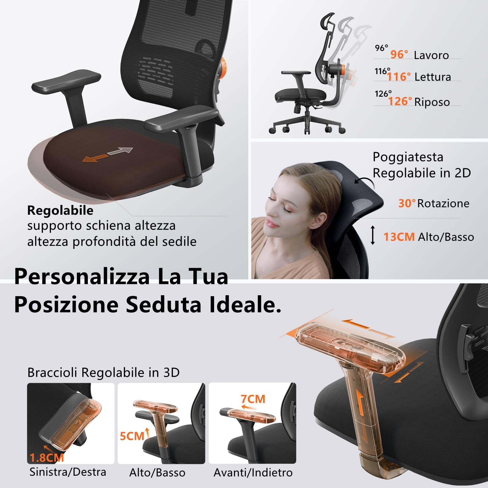 Newtral MAGICH003 Sedia Ufficio Ergonomica Lombare, Sedia Scrivania Poltrona Ergonomica con Braccioli Regolabile, Ergonomic Office Chair Oscillazione a 96-126° (MAGICH003, Nero)