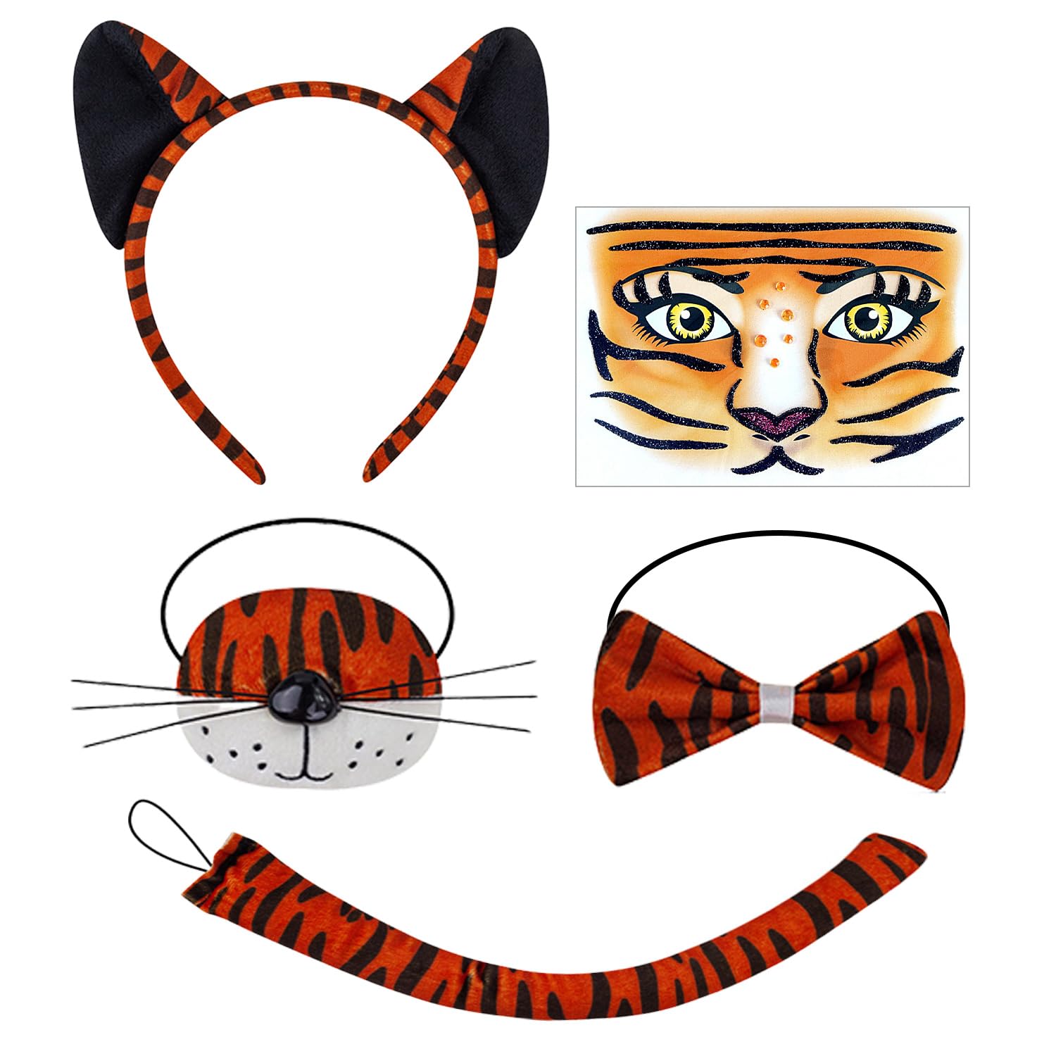 Tvsvkwe Multicolor 1 Piece Headband, 1 Piece Nose, 1 Piece Bow Tie, 1 Piece Tail And 1 Piece Face Patch, Tiger Clothing Accessories, Role-Playing Supplies, Creative Cartoon Accessories.