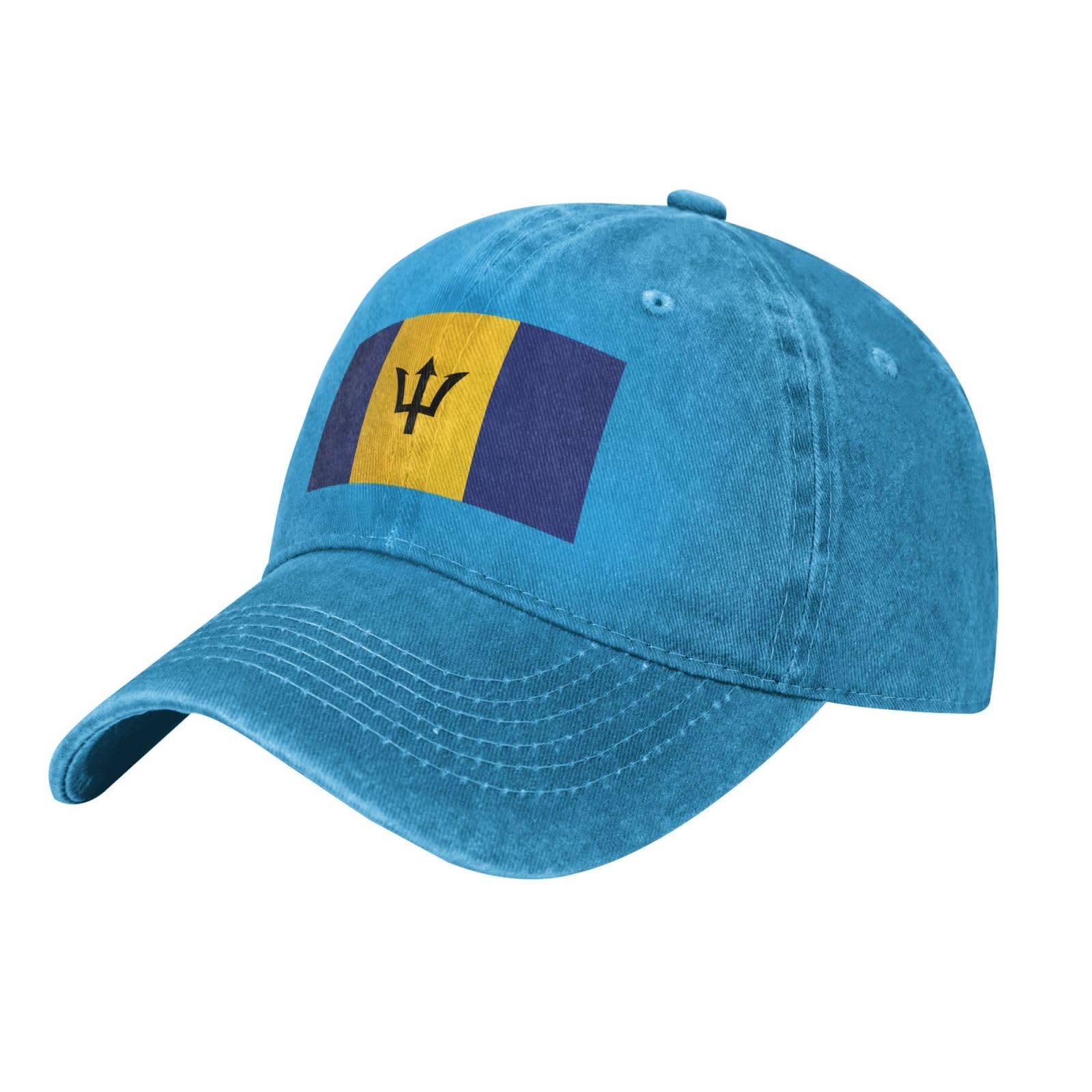 Flag of Barbados Washed Cowboy Baseball Cap for Adults - Stylish and Breathable Hat with Adjustable Strap, Blue, One size