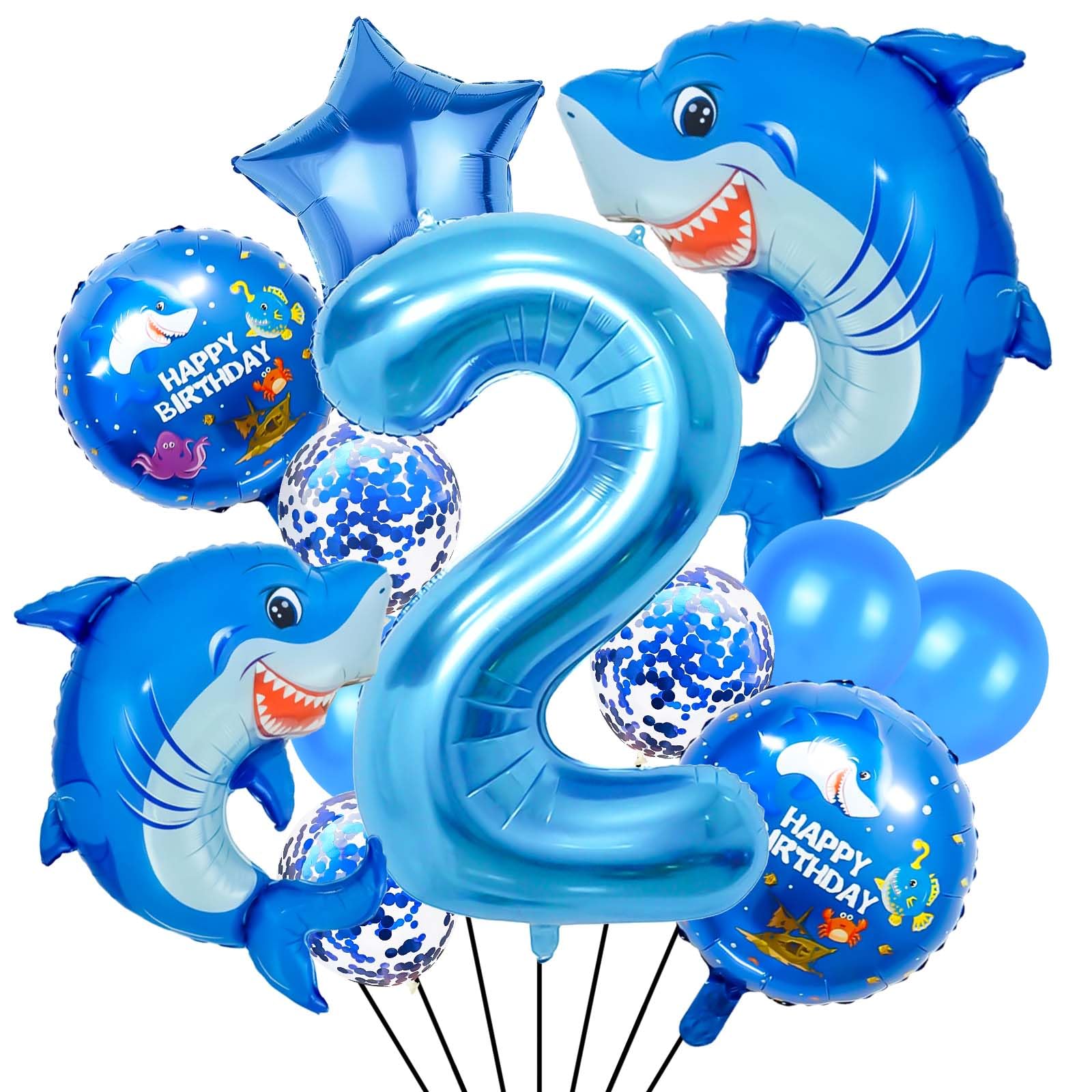 40 Inch 2 Balloon Number, Cute Blue Shark Balloons, Giant Foil 2 Birthday Balloon for Anniversary Supplies, Kids Birthday Party, Shark Themed Birthday
