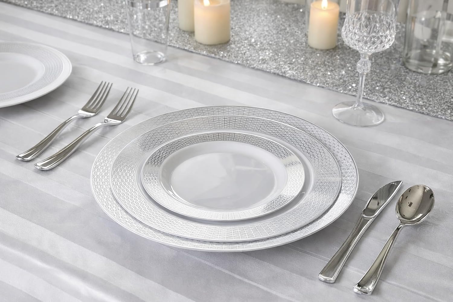 " OCCASIONS " 150pcs set (25 Guests)-Wedding Plastic Plates & cutlery -Disposable heavyweight Dinnerware 10.5'', 7.5'' + Silverware w/double fork (Diamond White & Silver)