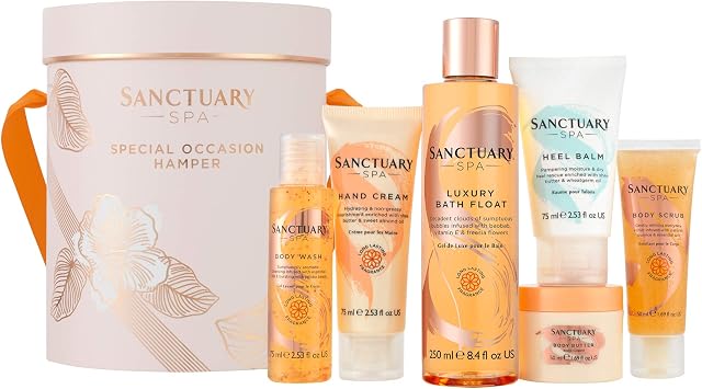 Sanctuary Spa Gift Set, Special Occasion Hamper With Shower Gel, Body Scrub, Body Butter, Bubble Bath, Hand Cream and Foot Cream, Gift For Women, Birthday, Vegan and Cruelty Free