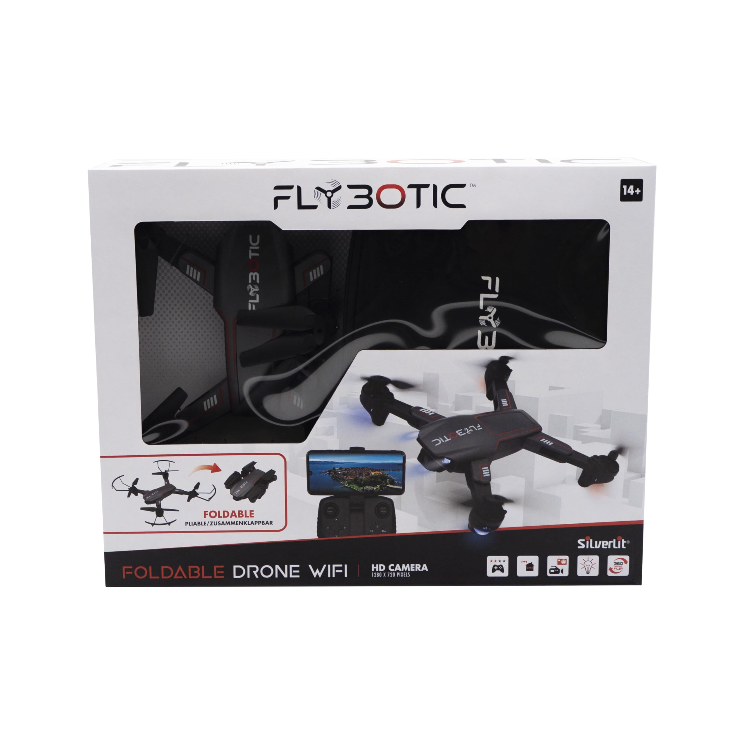 FLYBOTIC - Drone pieghevole WIFI con telecamera HD 1280×720 pixel + Custodia inclusa - 4 canali di controllo - Batteria inclusa - Drone per bambini e adulti - Interno/esterno - A partire da 14 anni