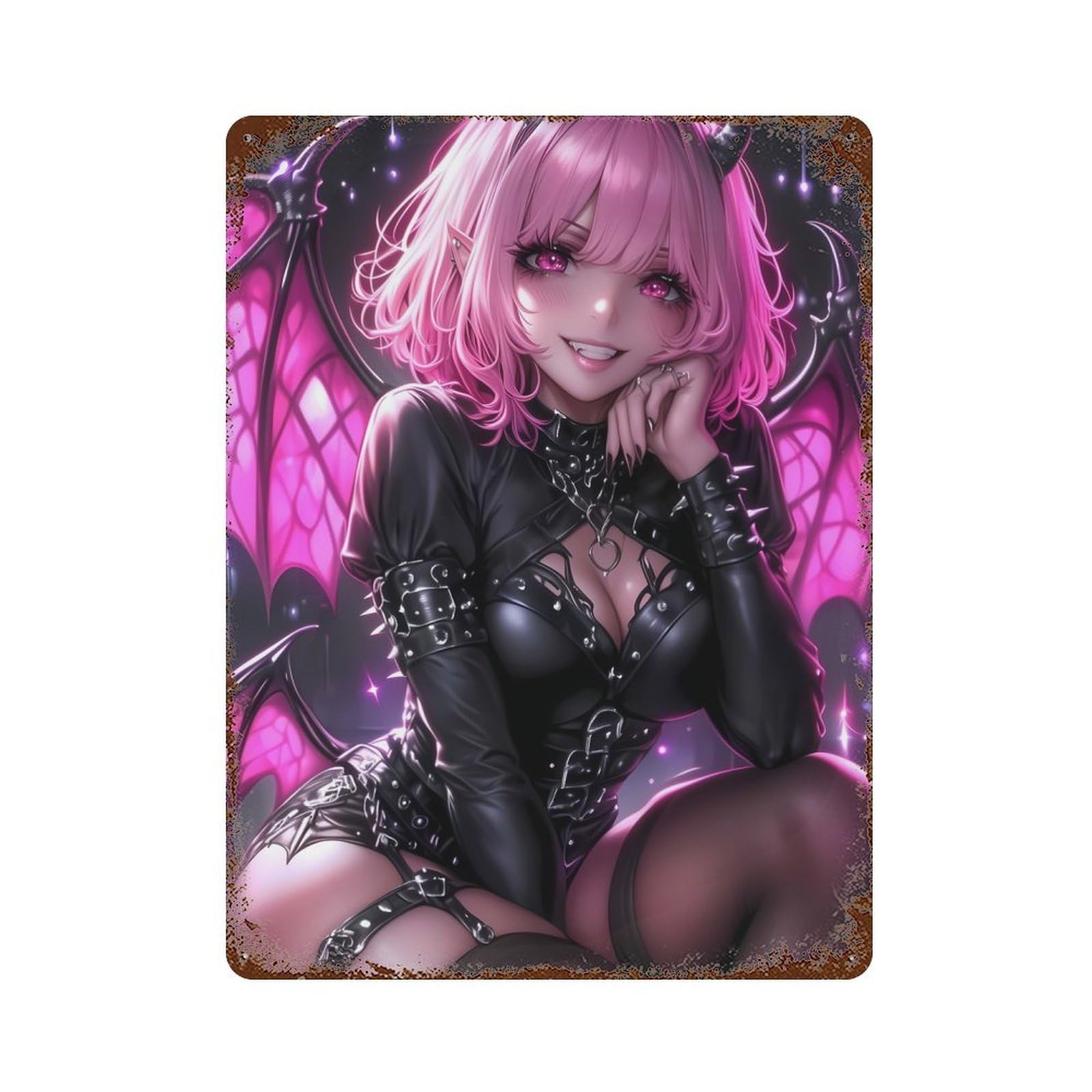 Pink-Haired Demon Girl Anime Girl Vintage Rust Metal Sign 15.7"x11.8", Ideal for Cafe, Home Bar And Lounge Decor