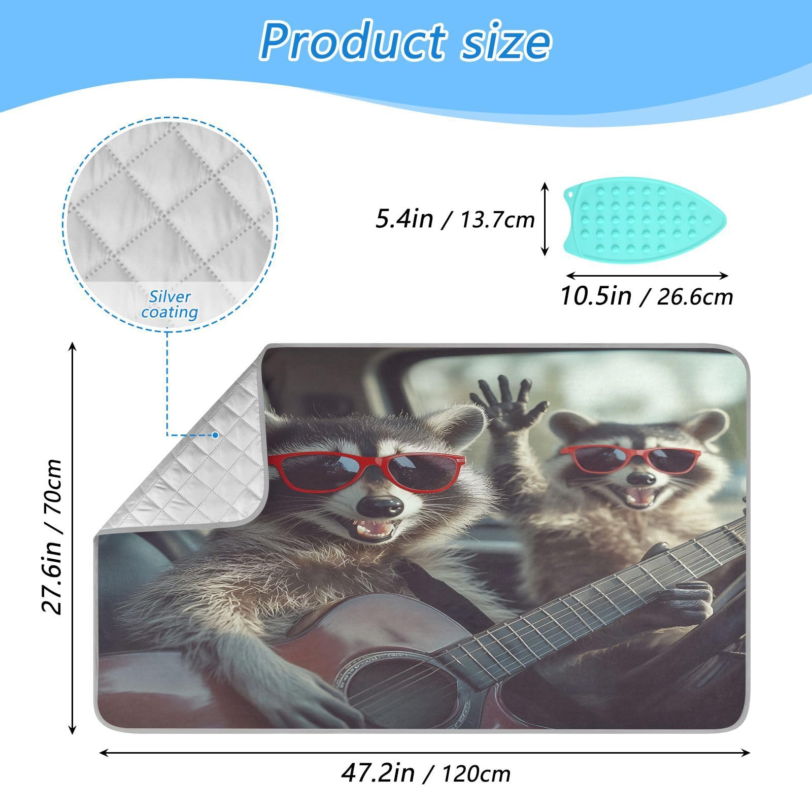 pnyoin Portable Ironing Mat Funny Raccoons with Glasses Travel Ironing Pad with Silicone Iron Rest for Steam Pressing on Tabletop or Bed Heat Resistant Portable Quilting & Travel Blanket