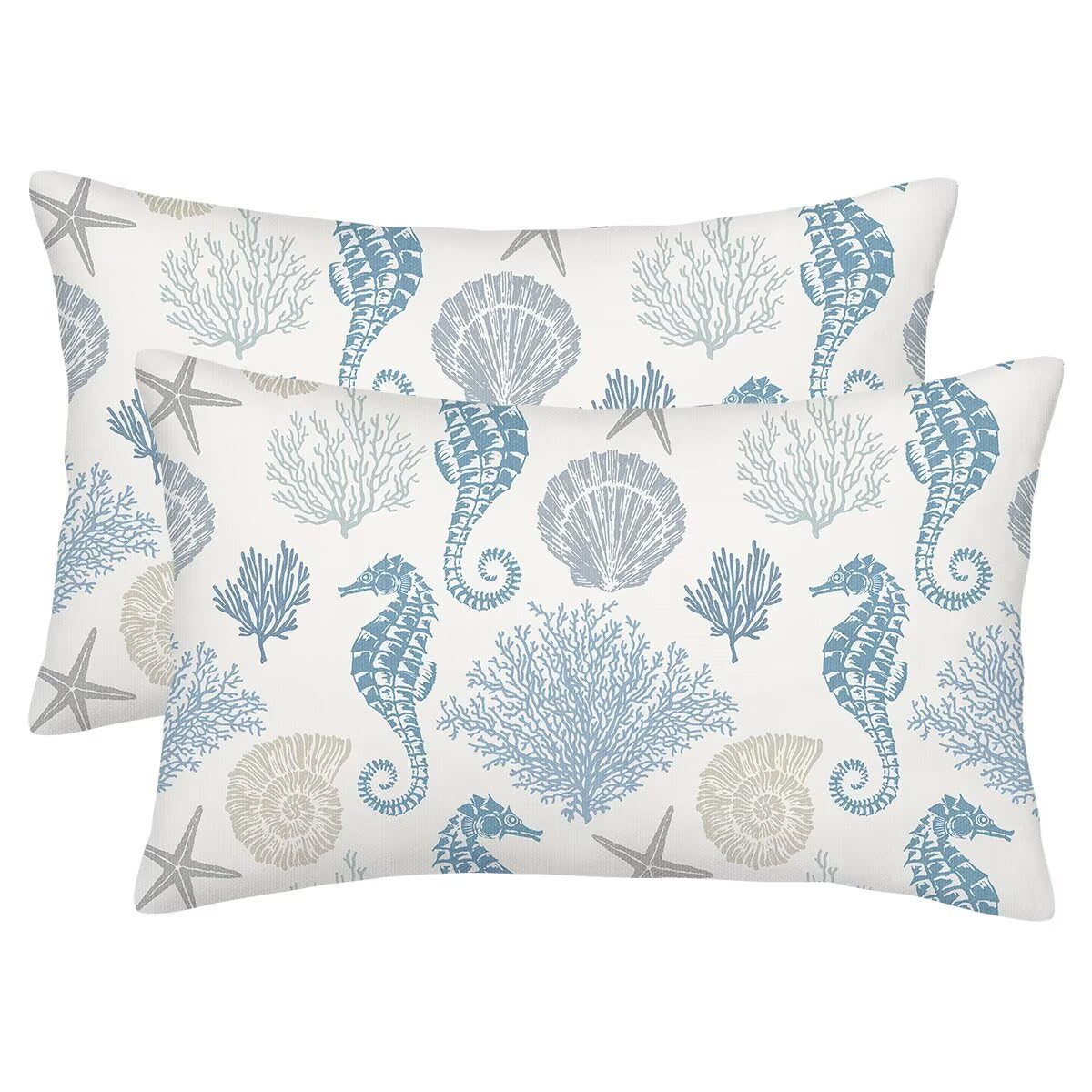 Coastal Throw Pillow Covers 12 x 20 Inch Set of 2 Summer Ocean Themed Pillow Covers Beach Seashell Starfish Seahorse Pillow Cases Linen Lumbar Cushion
