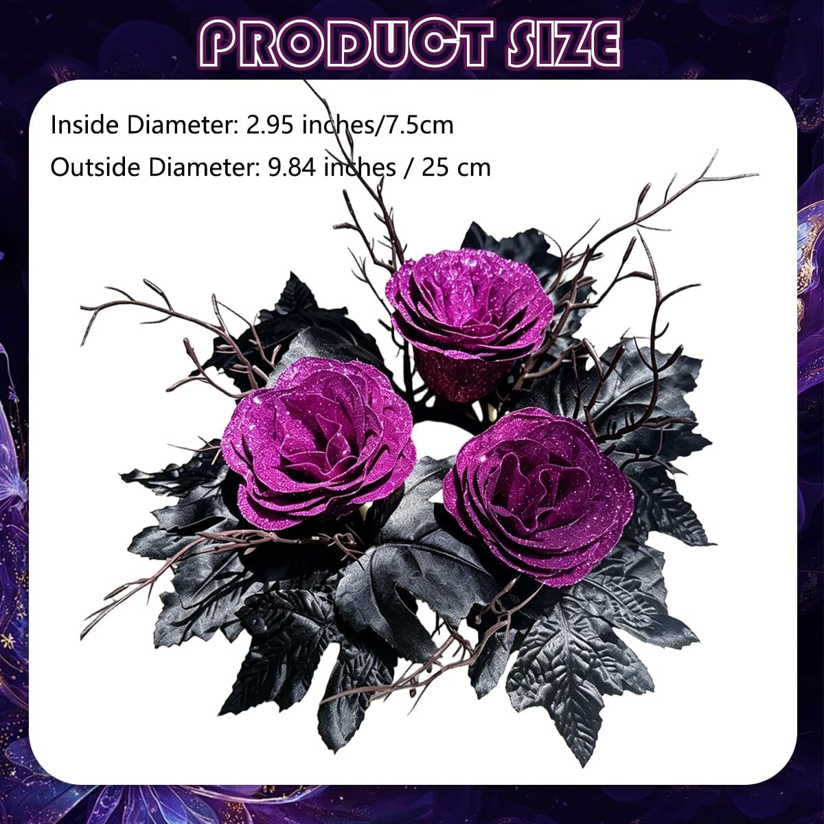 Halloween Candle Rings Wreath Artificial Black Purple Maple Leaf Glitter Rose Flower Wreaths 9.84" Floral Candle Holder Garland Tables Centerpieces for Fall Wedding Party Home Farmhouse Decor
