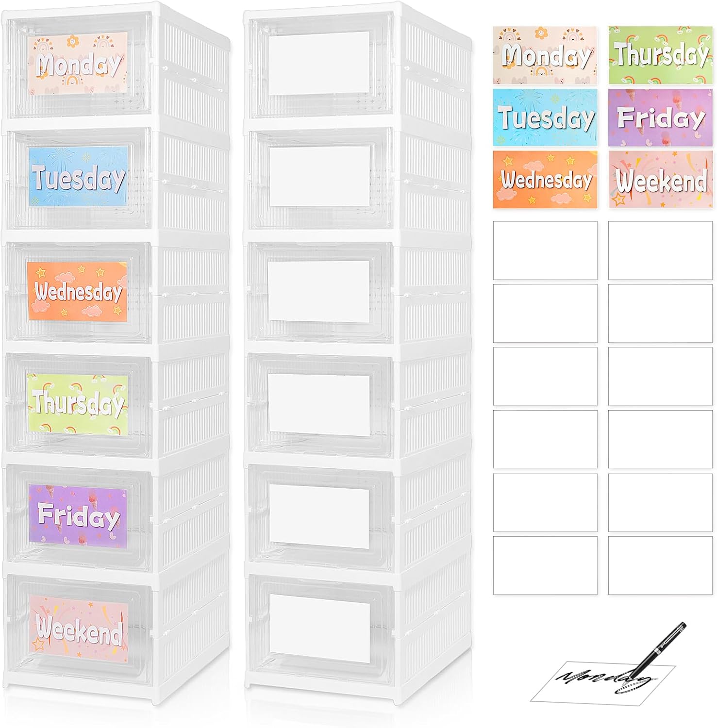 6 Shelf Weekly Clothes Organizer for Kids, Foldable Days of the Week Clothes Organizer with 18 Labels, Monday Through Weekend Essential Stuff Shoe Organizer, Kid Habit & Creativity Training