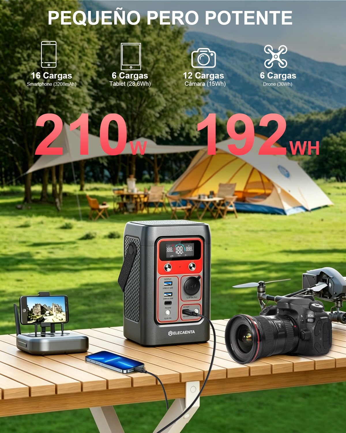 ELECAENTA Estación Energía Portátil 192Wh LiFePO4 210W 6 Puertos USB-C PD | 6 Salidas 210W Totales, Carga Solar/Coche/CA/USB-C PD 100W, LED SOS, LCD, Ligero 1,78kg para Camping Caravana Emergencia