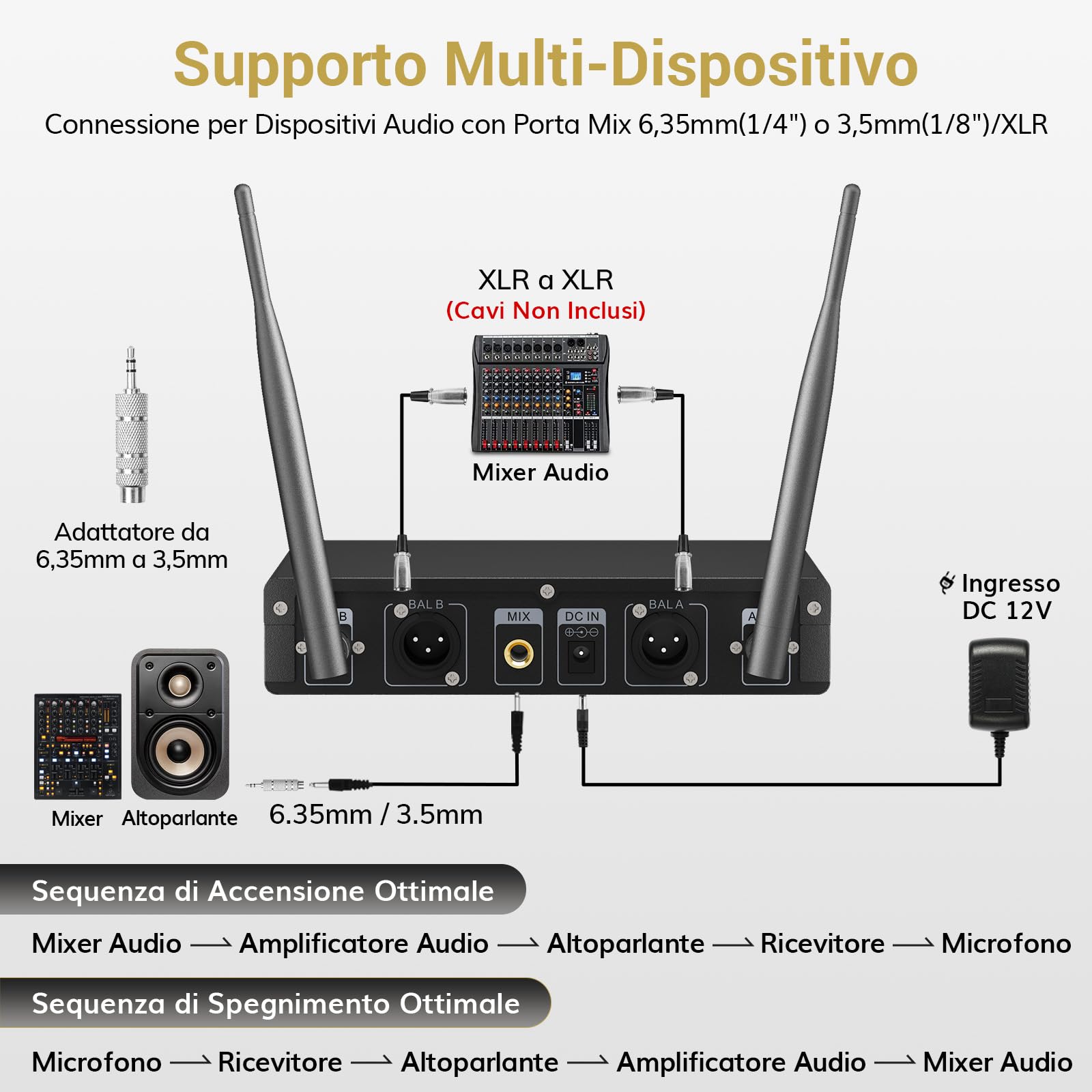 TONOR Microfono radio wireless UHF in metallo, professionale dinamico doppio microfoni senza fili, sistema mic a mano, set per karaoke, feste, DJ, chiesa, matrimonio, riunione, 60m, Argento, TW820