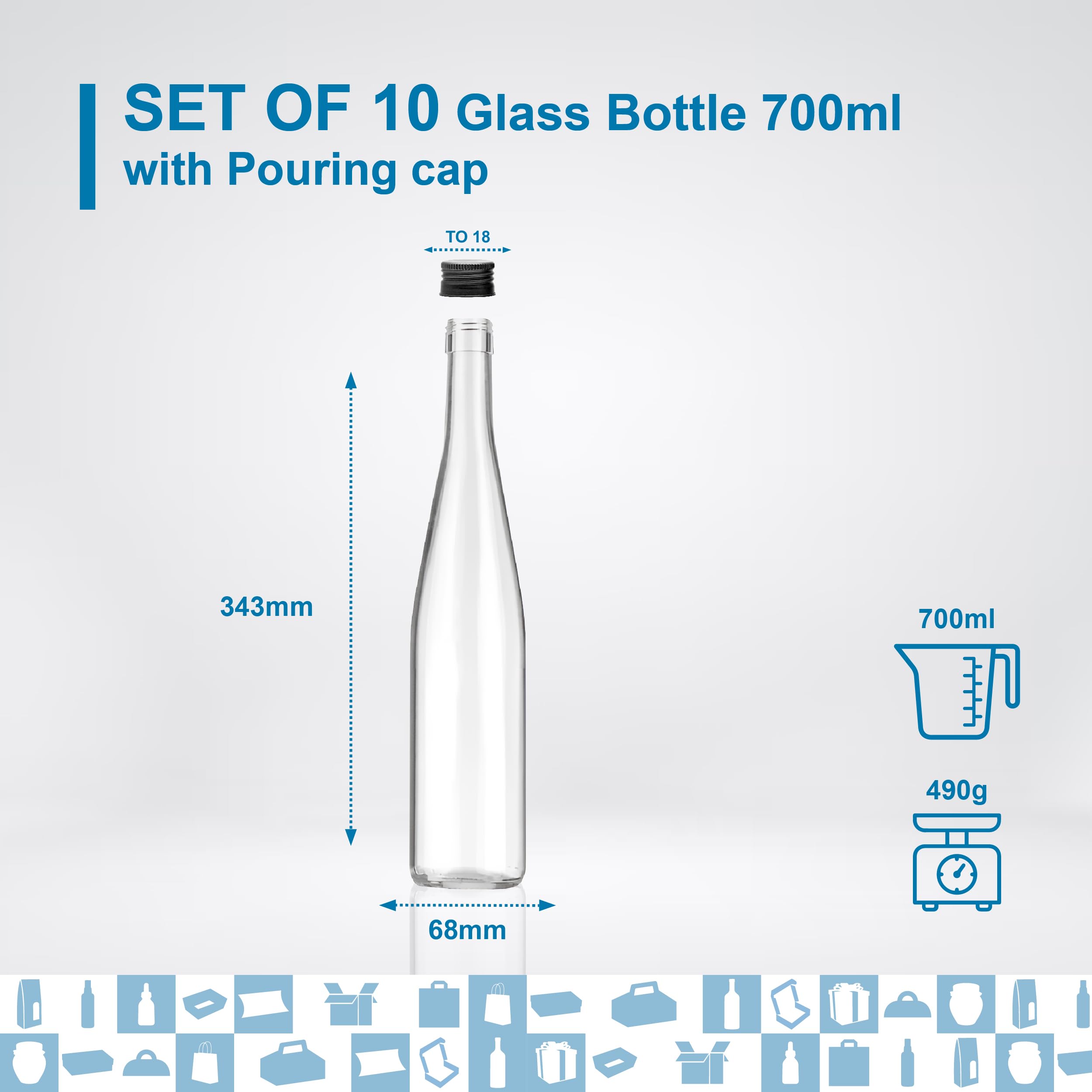 10 bottiglie in vetro da 700 ml con tappo a vite nero con beccuccio, ideali per bevande alcoliche come rum, whiskey, vodka, olio d'oliva, acqua e liquore