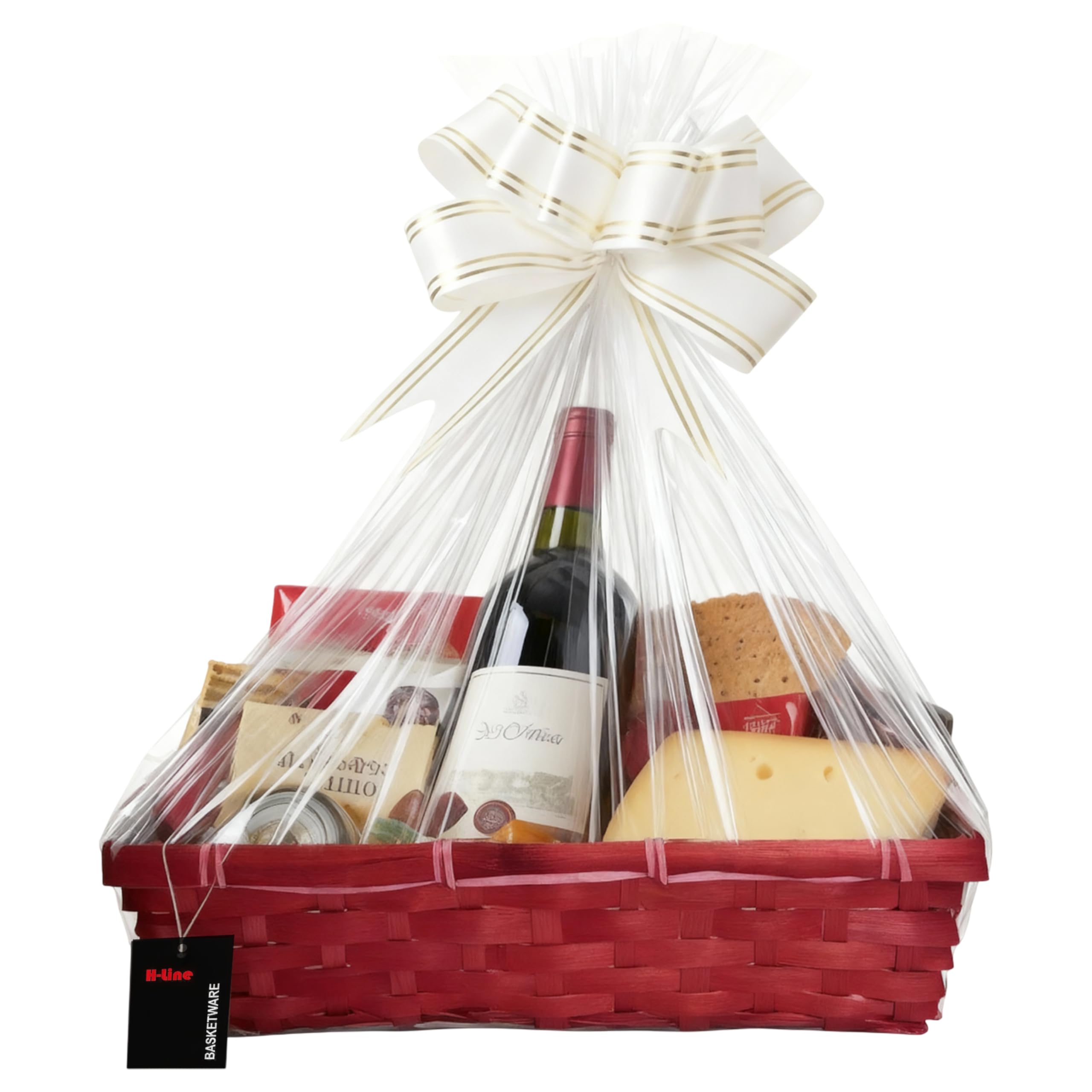 H-Line Christmas Hamper Basket, Rectangular Wicker Gift Baskets, Split Willow Tray, Make Your Own Hampers Kit with Cellophane Wood Shred Bow Set, for Christmas, Parties & Home Decor (Red)