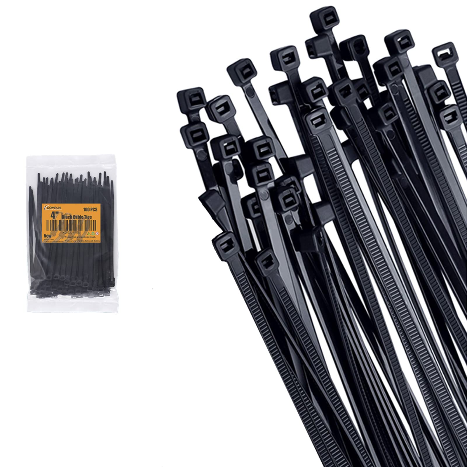 Comrun 4 Inch Black Cable Tie Zip Ties Nylon Zip Ties Plastic Ties 100Pcs