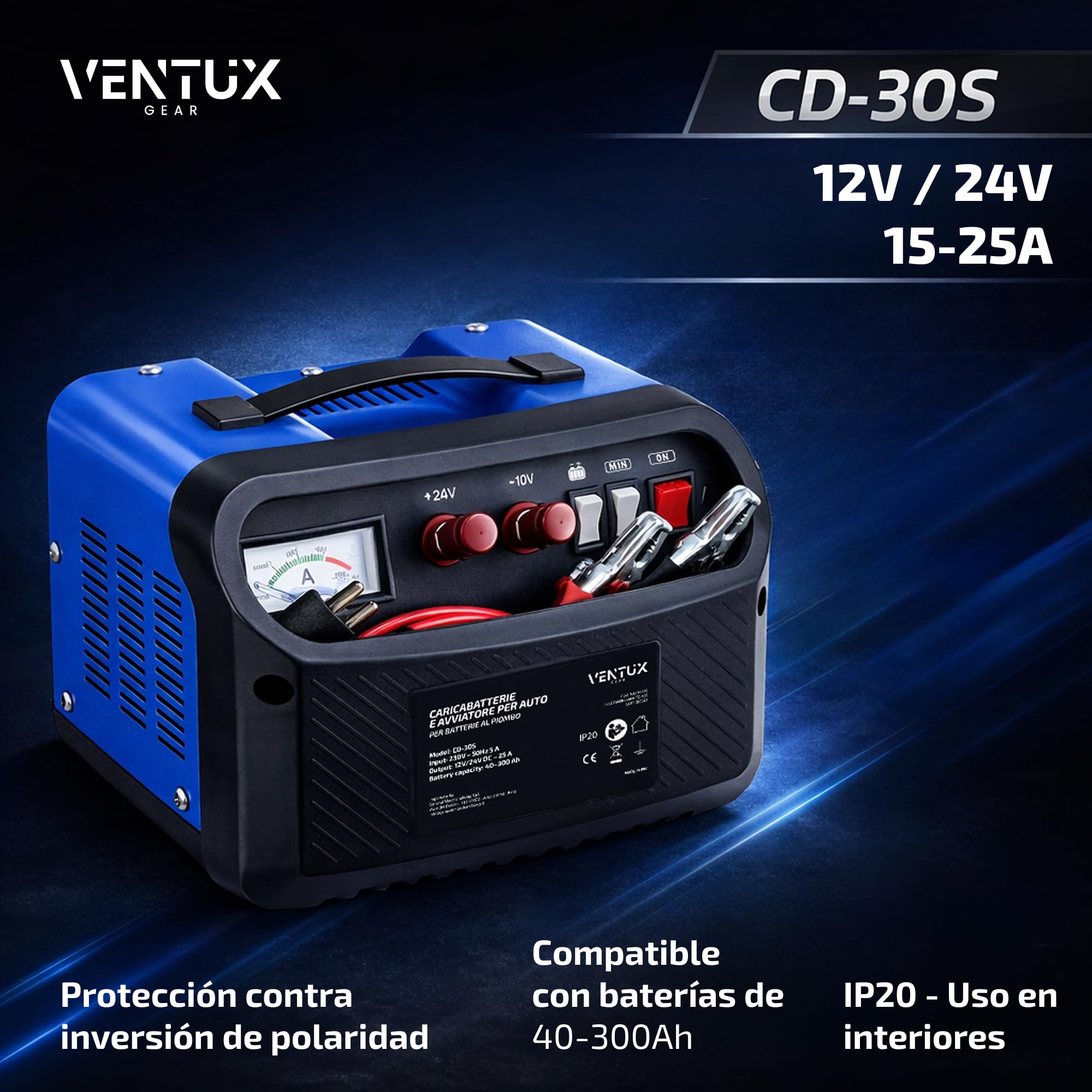 Cargador de Batería de Coche 12V/24V CD-30S – Función Arranque 160A/260A | Cargador Bateria Moto y Vehículos con Amperímetro | Cargador Bateria 12V Plomo con Protecciones de Seguridad