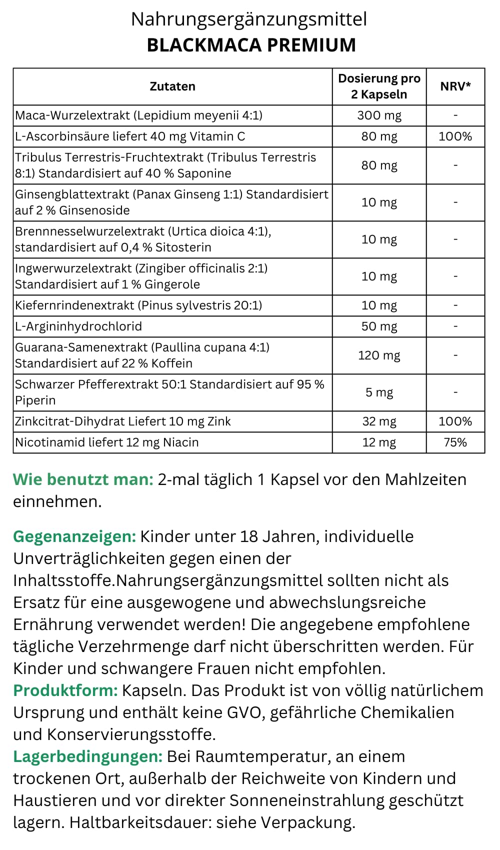 BLACKMACA PREMIUM - Maca Peruviana Nera + Tribulus Terrestris + Arginina + Zinco | 30 Capsule