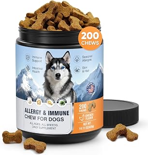 Dog Allergy Chews 200 Treats, Allergy & Itch Skin Relief Omega 3 Fish Oil Probiotics for Seasonal All Issues Allergies Skin & Hair, Gut, Immune Support-All Ages & Sizes Dogs Made in USA Chicken Flavor