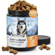 Dog Allergy Chews 200 Treats, Allergy & Itch Skin Relief Omega 3 Fish Oil Probiotics for Seasonal All Issues Allergies Skin & Hair, Gut, Immune Support-All Ages & Sizes Dogs Made in USA Chicken Flavor