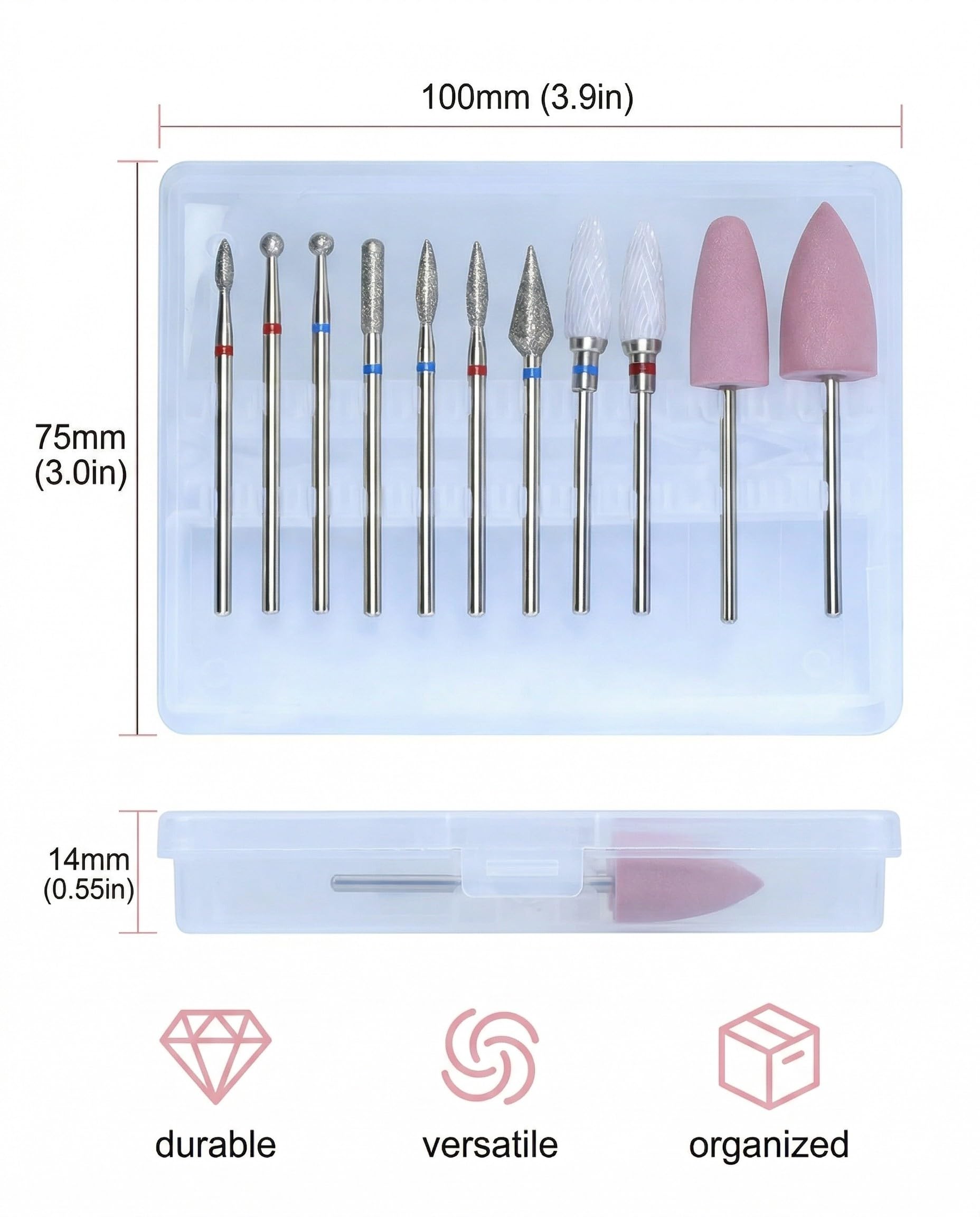 Punte Fresa Unghie 12 Pezzi Professionali, Diamante e Ceramica con Scatola per Rimozione Gel Acrilico Rapida e Manicure Pedicure.